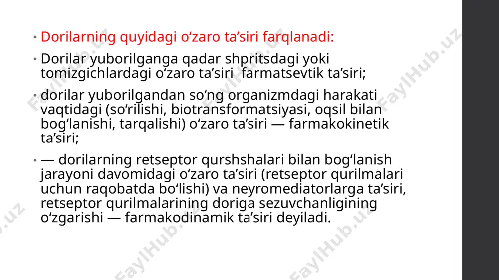oterapevtik samarasini va salbiy ta’sirini kuchaytirishi mumkin. yuqoridagi qonuniyat qon plazmasi oqsili bilan 85 foizdan ko‘p bog‘langan dorilar uchun (masalan, oqsil bilan bog‘langan digitoksinning 98 foizdan 96 foizga kamayishi uning qondagi sof holdagi miqdorini 2 martaga oshyradi), bu esa bemor uchun xavflidir. bu hodisa digitoksin bilan klofibrat bir vaqtda ishlatilganda kuzatilishi mumkin. salitsilatlar, butadion, klofibrat bilvosita ta’sir qiluvchi konni suyultiruvchi moddalarni ko‘paytiradi, bular o‘z navbatida lidokain, propranalol, xinidin, veropamil, digitoksinni oqsildan siqib chiqaradi. dori moddalarning biotransformatsiya jarayonidagi o‘zaro ta’siri dorilar biotransformatsiyasi asosai jigarda mikrosomal fermentlar ta’sirida kechadi, ko‘p dorilar bu jarayonni tezlashtirishi yoki sekinlashtirishi aniqlangan. \ bu jarayonni tezlashtiruvchi dorilarni induktorlar (barbituratlar, ddt, geksaxloran, alkogol, kofe), o‘z metabolizmini kuchaytiruvchilarni (fenobarbital, butadion, nitratlar) autoinduktorlar deb yuritiladi. induktorlar bilan birga yuborilayotgan dorilar miqdorini ko‘paytirish kerak (masalan, bilvosita antikoagulyantlar). induktorlarni kiritish to‘xtatilganda u bilan yuboriladigan dori miqdorini kamaytirish tavsiya qilinadi, aks holda dorining salbiy ta’siri kuzatilishi mumkin dorilarniig chiqib ketish davrida o‘zaro ta’siri …