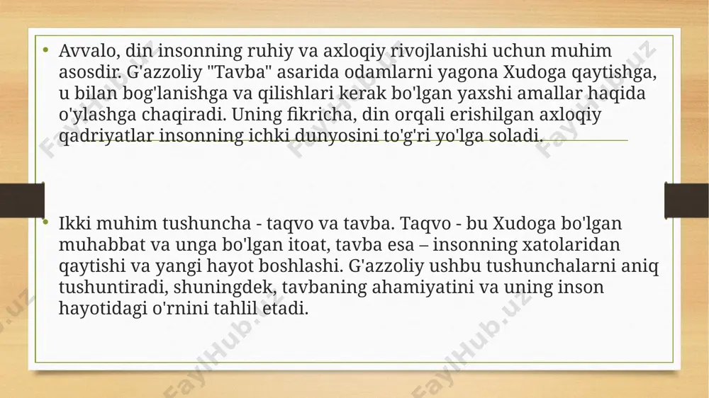 odamlar, ularning ichki his-tuyg'ulari va ruhiy holati dinning ta'sirida yaxshilanadi va bu, o'z navbatida, ularning axloqiy xulq-atvoriga ta'sir qiladi. g'azzoliy, insho-ustunlik orqali, axloqiy qoidalar bilan dinning o'zaro ta'sirini davom etiradi. u dinni inson uchun mo'ljallangan yo'l ko'rsatuvchi sifatida qaraydi, shuningdek, uyrchgallik, rahm-shafqat, toqat va boshqalar kabi axloqiy fazilatlarni ta'kidlaydi. bu fazilatlar, uning fikricha, nafaqat shaxsiy tushunchalar, balki jamiyatda barqarorlik va tinchlikni ta'minlaydigan asosiy omillardir. shu bilan birga, g'azzoliy, biror qilib, diniy amallarni (namoz, ro'zalar, xayr-ehsonlar) axloqiy tuzilmalar bilan bog'lashni ma'qul ko'radi. u bu amallarni bajara turib, insonlar nafaqat ruhiy, balki axloqiy ravishda ham shakllanadiganlarini ta'kidlaydi. g'azzoliy, din va axloq o'rtasidagi muvozanatni o'rnatish lozimligini ham ta'kidlaydi. u, agar insonga dinning buyruqlari bilan axloqiy qadriyatlar mos kelmasa, bu tashvishli holat ekanligini aytadi. bu, insonni ichki munosabatlarini buzishi, xatolarga olib kelishi mumkin. g'azzoliyning fikrlariga ko'ra, tavba, insonning o'ziga berilgan imkoniyatni anglab, gunohlaridan qaytishidir. ushbu jarayon davomida inson, nafaqat xudo bilan, balki o'z ichki …