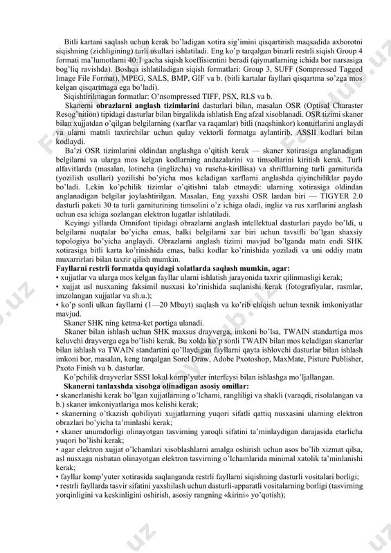 tuzulish jixatdan turlicha bo’ladi: planshetli, barabanli, proeksiey va b. shaffof asl nusxa 35 mm dan 300 mm gacha chiziqli o’lchamli to’g’ri to’rtburchak tomonlari ko’rinishiga ega. tavsiflari bo’yicha slayd-skanerlar eng yuqori sifatlidir: ularning o’tkazish qobiliyati odatda 2000 dan 5000 dpi gacha oraliqda yotadi. masalan, barabanli skanerlar, ularda taxminan 200x300 mm li shaffof asl nusxa (slayd) aylanadigan barabanga maxkamlanadi. xowtek ssan mastyer skanerida o’tkazish qobiliyati 4000 dpi, ssan view ssanmate magis skanerida 409b ta tusni uzatishda o’tkazish qobiliyati 2000 dpi. eng katta o’tkazish qobiliyatiga kichik o’lchamli slaydlar (tomoni 120 mm gacha) bilan ishlaydigan skanerlar ega. ssitex leaf ssan 45 skanerida b4500 ta tusni uzatishda o’tkazish qobiliyati 5080 dpi ga teng. grafik axborotni shklarda tasvirlash formatlari grafik axborotni komp’yuter fayllarida tasvirlashning ikkita formati: restrli va vektorli formatlar mavjud. restrli formatda grafik tasvir nuqtalar tuplanining naqshinkor termasi ko’rinishida (nollar va birlar) faylda eslab qolinadi, bu to’plam nuqtalari tasvirning displey ekranida aks etishining piksellariga mos …
