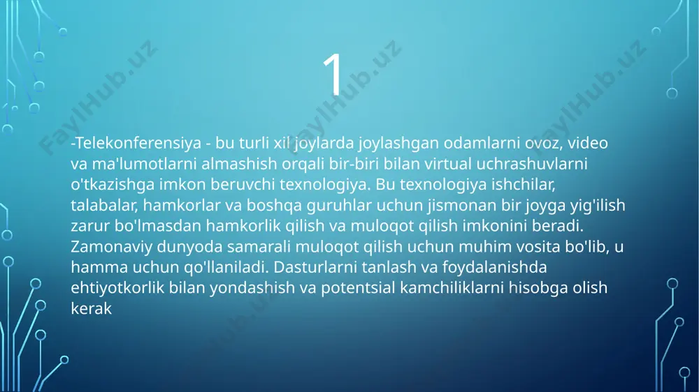 exnologiyalari: kompyuterlarning rivojlanishi telekonferensiyalarni boshqarish va boshqarish uchun yanada murakkab va funksiyonal tizimlarni yaratish imkoniyatini ochdi. internetning paydo bo'lishi bu jarayonni yanada tezlashtirdi. 20-asr oxiri va 21-asr boshlari: • internet asosidagi telekonferensiyalar: internetning keng tarqalishi telekonferensiyalarni ommalashtirdi va arzonlashtirdi. skype, zoom, google meet kabi dasturlar telekonferensiyalarni oson va qulay qildi. • webex, gotomeeting kabi korporativ telekonferensiya platformalari: bu platformalar korxonalarga keng miqyosli va xavfsiz telekonferensiyalarni o'tkazish imkoniyatini taqdim etdi. • video-konferensiya vositalarining rivojlanishi: hd sifatli video va audio, ekranni baham ko'rish, real vaqt rejimida suhbatlashish va boshqa funksiyalar telekonferensiyani yanada samarali va interaktiv qildi. telekonferensiya zamonaviy ish dunyosining ajralmas qismiga aylandi va kelajakda ham uning ahamiyati yanada ortib boradi. uning ta'siri bir nechta yo'nalishlarda namoyon bo'ladi: 3.telekonferensiya va kelajakdagi ish dunyosi 1.ish joyining geografik chegaralarini yo’qotish 2.ish samaradorligini oshirish 3.ishchi kuchining moslashuvchanligi 4.innovatsion texnalogiyalar muammolar va cheklovlar test ishlash testlar 1. telekonferensiya nima? a) yuzma-yuz muloqot b) telefon orqali aloqa …