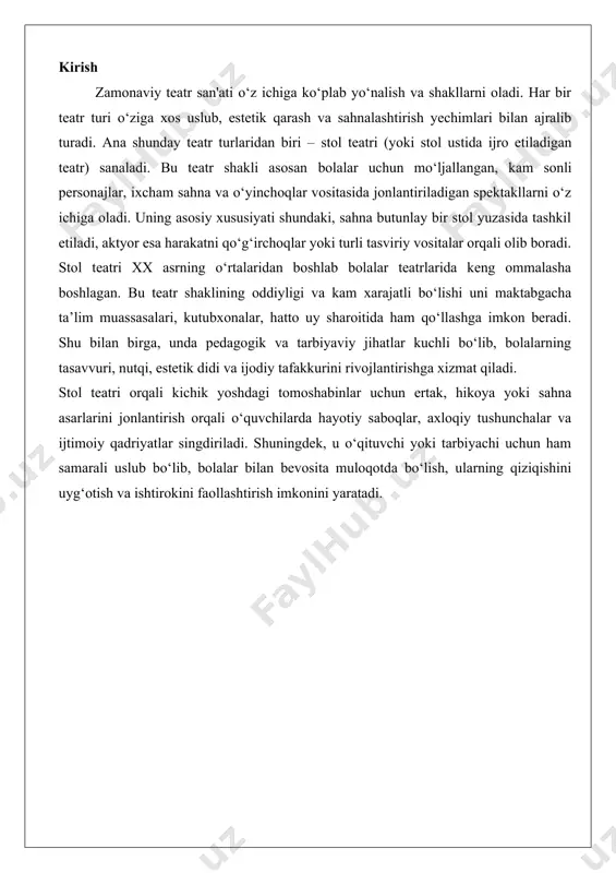 akllarni o‘z ichiga oladi. stol teatri o‘zining ixchamligi va moslashuvchanligi bilan ajralib turadi, bu esa uni har xil muhitlarda, jumladan, kichik sahnalarda, o‘quv muassasalarida yoki hatto uy sharoitida tashkil qilish imkonini beradi. ushbu teatrning asosiy maqsadi – cheklangan makon va vositalar yordamida hikoya aytib berish, tomoshabinlarda hissiy va intellektual aks-sado uyg‘otishdir. stol teatri, ko‘pincha, qo‘g‘irchoq teatri bilan chambarchas bog‘liq bo‘lsa-da, undan o‘ziga xos xususiyatlari bilan farqlanadi, masalan, sahna joylashuvi va ijro uslubi.stol teatri, shuningdek, oddiy materiallardan foydalangan holda murakkab badiiy tasvirlar yaratish imkonini beradi. bu san’at turi tomoshabinlarni hikoyaning ichki dunyosiga jalb qilishda o‘ziga xos usullardan foydalanadi, masalan, kichik o‘lchamdagi rekvizitlar va qo‘g‘irchoqlar orqali hikoyaning chuqur ma’nolarini ochib beradi. ushbu teatrning ta’rifi uning moslashuvchanligi va ijodiy erkinlikni ta’minlash qobiliyatida namoyon bo‘ladi, bu esa uni turli yoshdagi tomoshabinlar uchun jozibador qiladi. stol teatrining kelib chiqishi va rivojlanishi stol teatrining kelib chiqishi qadimiy davrlarga borib taqaladi, garchi uning zamonaviy shakli xx asrda …