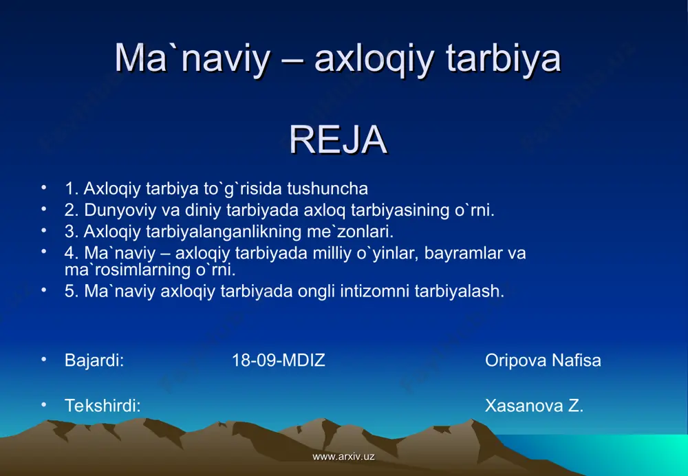 larni ma'lum reja asosida olib borish. 4. ljobiy emotsional sharoit yaratish, ya'ni, bayramlarni nishonlash. 5. talabalarni qonun - qoidaga rioya qilishga o'rgatish. 6. ijtimoiy ongni shakllantiruvchi tushuntirish, uqtirish, suhbat, munozara, ma'ruza, rag'batlantirish, jazolash usullaridan foydalanish. 7. ijtimoiy axloqni shakllantirishda mashq, o'rnak usullaridan foydalanish. 8. muloqot soatlari saviyasini oshirish. 9. mehnat ilg'orlari, ilm - fan xodimlari, mehnat va urush faxriylari, vasiylar va homiylar bilan uchrashuvlar tashkil qilish . 10. turli badiiiy - adabiy kechalar, tadbirlar, bellashuvlar, olimpiadalar o'tkazish. 11. sharq qadriyatlari va milliy an'analar aks etgan asarlarni muntazam ravishda mutoaala qilib , munozaralar o'tkazib turish. www.arxiv.uz www.arxiv.uz www.arxiv.uz www.arxiv.uz 2. o'tmish diniy va dunyoviy bilim egalari, axloqiy-ma'naviy tarbiya to'g'risida. axloqiy - ma'naviy tarbiyaga sharqda azaldan e'tibor qaratilgan. fikrimizning dalili sifatida quyidagi misollarni keltiramiz: axloq - odobga oid hadis namunalart: 1. limning ofati - esdan chiqarmoqlik va ilmga rag'bati bo'lmagan kishilarga o'rgatib, uni zoe ketkazmoqlikdir. 2. chaqimchilik, nima, bilasizmi? u - odamlarning …