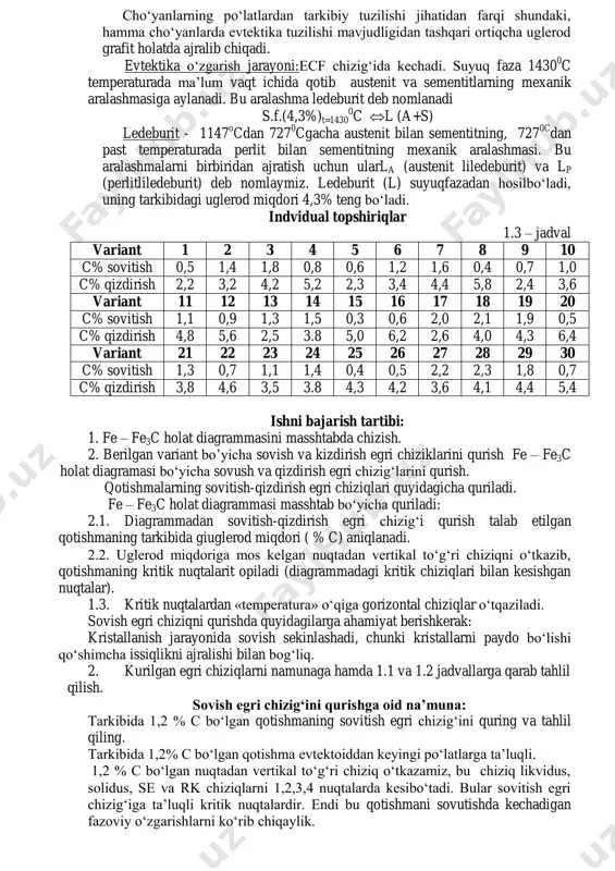 kkilamchi sementit)dan, 727 0 sdan past haroratda lediburit (perlit vai kkilamchi sementitdan)daniborat. oesfk – sohasida austenit parchalanish natijasida hosil bo‘ladigan sementit ikkilamchi deb nomlanadi va psk chizig‘ida perlitga o‘tish jarayonida hosil bo‘ladigan sementit uchlamchi sementit deb nomlanadi. 3. evtetikadan keyingi cho‘yanlarda uglerodning miqdori 4,3% dan 6,67% gacha o‘zgarib turadi. bunday cho‘yanlarning tuzilishi 1147 0c dan pastda sementit va lediburit (austenit va ikkilamchi sementit)dan, 727 0c dan past haroratda sementit va lediburit (perlit va ikkilamchi sementitdan)dan iborat. temir-uglerod qotishmalardagi faza va strukturalar temir-sementit qotishmalarda quyidagi fazalar mavjud: suyuq faza, qattiq eritmalar – ferrit va austenit hamda kimyoviy birikma - sementit. austenit deb uglerodning fe-temirdagi qattiq eritma smentiytiladi. bu fazada uglerod 1147 0c da maksimal miqdorda 2,14 % gacha eriydi, 727 0c da 0,8% gacha eriydi. austenitning atom kristall panjarasi qirralari 3,64 a 0 ga teng bo‘lgan yoqlari markazlashgan kub. austenit magnitsiz va qovushoq fazadir. ferrit deb uglerodning fe- temirdagi qattiq eritmasiga …