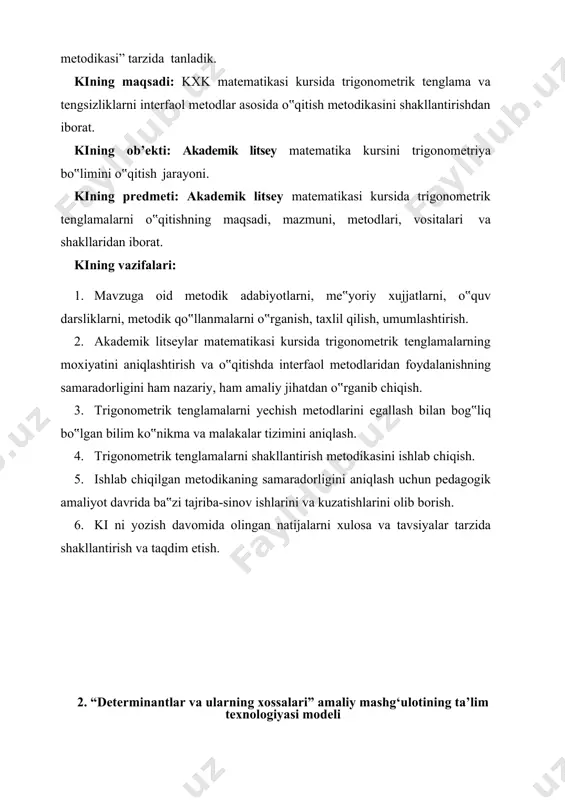 hisoblashni bajarish. ta’lim usuli va texnikasi kirish-amaliy mashg‘uloti, tezkor-so‘rov, insert, aqliy hujum, suhbat, munozara. ta’lim shakli frontal, jamoaviy(guruhli). ta’lim vositalari ma’ruza matni, o’quv topshiriqlar varaqalari, amaliy mashg‘ulot bo‘yicha o‘quv materiallari, proektor, axborot texnologiylari vositalari. ta’lim berish sharoiti maxsus texnika vositalari bilan jihozlangan, guruhli shaklda ishlashga mo‘ljallangan auditoriya manitoring va baholash og‘zaki so‘rov, kuzatish. 3. determinantni hisoblash turlari. ish bosqichlari va vaqti ta’lim beruvchi ta’lim oluvchilar 1-bosqich. mavzuga kirish (15 daqiqa) 1.1. mavzuning nomi, maqsadi va o‘quv faoliyati natijalari bilan tanishtiriladi. 1.2. talabalar o‘quv faoliyatini baholash mezonlari bilan tanishtiriladi(8.1-ilova). 1.3. talabalarning darsga tayyorgarlik darajasini aniqlash, bilimlarini faollashtirish maqsadida tezkor-savollar o’tkaziladi(8.2- ilova, insert, b/bx/bo (bilaman / bilishni xoxlayman / bilib oldim)): 1 .algebra va uning rivojlanish tarixi qanday? 2. algebra fani va uning rivojlanishida yaqin sharq olimlarining qo‘shgan hissasi nimalardan iborat? 3. 2 - tartibli determinant deb nimaga aytiladi ba u qanday belgilanadi? 4. 3 - tartibli determinant nima va u qanday …