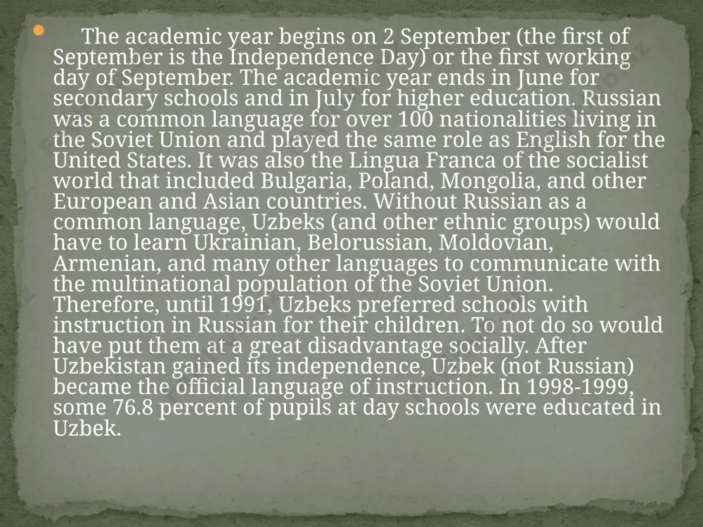approach by staff, the reform period is estimated at 10 to 15 years. the current transformation of the educational system is performed along educational models in developed countries. according to gulyamov, "during the process of developing the national program the experience of reforming education in more than 30 leading countries in the world has been studied" (gulyamov 1999). in 1997, president karimov founded "umid," a program providing students with educational fellowships for obtaining education abroad. by the year 2000, over 700 students have been awarded the "umid" presidential scholarship to pursue graduate and undergraduate degrees in the united states, the united kingdom, germany, france, italy, and japan. certainly, returning graduates are expected to bring back "the influence," and those who have finished their studies are employed by the state. the uzbekistan educators established contacts with the united nations organization and separate countries like france, germany, the republic of korea, turkey, …