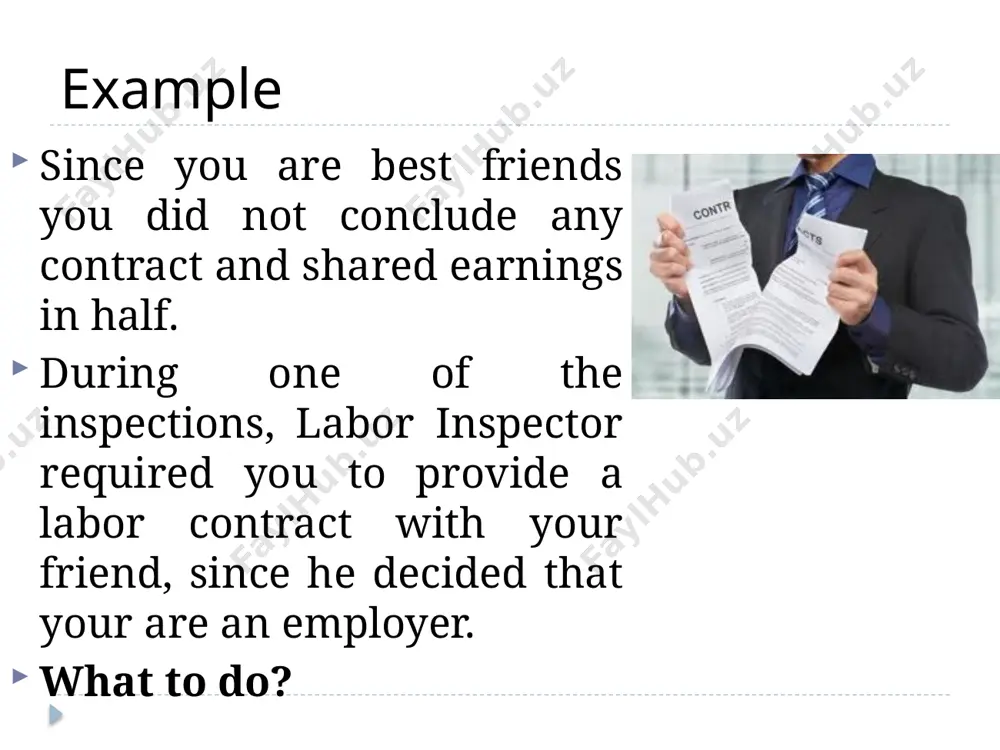 ve labor disputes, members of the professional unions, persons providing labor mediation, and others. subjects of the labor law the parties to the labor relations are the employee and the employer. employee is an individual maintaining labor relations with the employer and directly performing work under an employment contract. employer is an individual or legal entity with which the employee maintains labor relations. parties employee is an individual - citizen of the republic of kazakhstan, foreign citizen, stateless person, migrant worker, refugee, repatriate, etc. employer – could be an individual (individual entrepreneur), legal entity, state or administrative-territorial units; subjects of the labor law the object of labor law is a work (ability to work). the object of the employment relationship is associated with a set of tangible and intangible benefits that are achieved by the parties of the employment relationship in the process of its implementation. object of the labor …