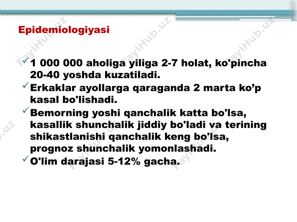 9% (c) 400 ml vena ichiga 5-10 tomchi tomchilatib yuboriladikaltsiy glyukonat 10% (c) 10 ml kuniga 1 marta 8-10 kun davomida im;natriy tiosulfat 30% (c) 10 ml dan kuniga 1 marta vena ichiga 8-10 ta infuziya yuborish uchun. gemosorbtsiya, plazmaferez jarayonlarini o'tkazish ham oqlanadi. 3. ikkilamchi infeksion asoratlar paydo bo'lganda, uning antibakterial dorilarga sezgirligini va klinik ko'rinishlarining og'irligini hisobga olgan holda antibakterial dorilar. layella sindromi layella sindromi (toksik epidermal nekroliz) terining va shilliq pardalarning toksik-allergik shikastlanishi bo'lib, ko'pincha ichki organlar va asab tizimidagi o'zgarishlar bilan kechadi. layella sindromi bullyoz dermatit guruhiga kiradi. layell sindromining klinik ko'rinishi ikkinchi darajali terining kuyishiga o'xshaydi va shuning uchun kasallik kuyish teri sindromi deb ataladi. sindromning yana bir keng tarqalgan nomi - malign pemfigus - terida pemfigus elementlariga o'xshash pufakchalar hosil bo'lishidan kelib chiqadi.layell sindromi 0,3% dori allergiyasida uchraydi. anafilaktik shokdan so'ng, bu eng og'ir allergik reaktsiya. ko'pincha layell sindromi yoshlar va bolalarda kuzatiladi. kasallik …