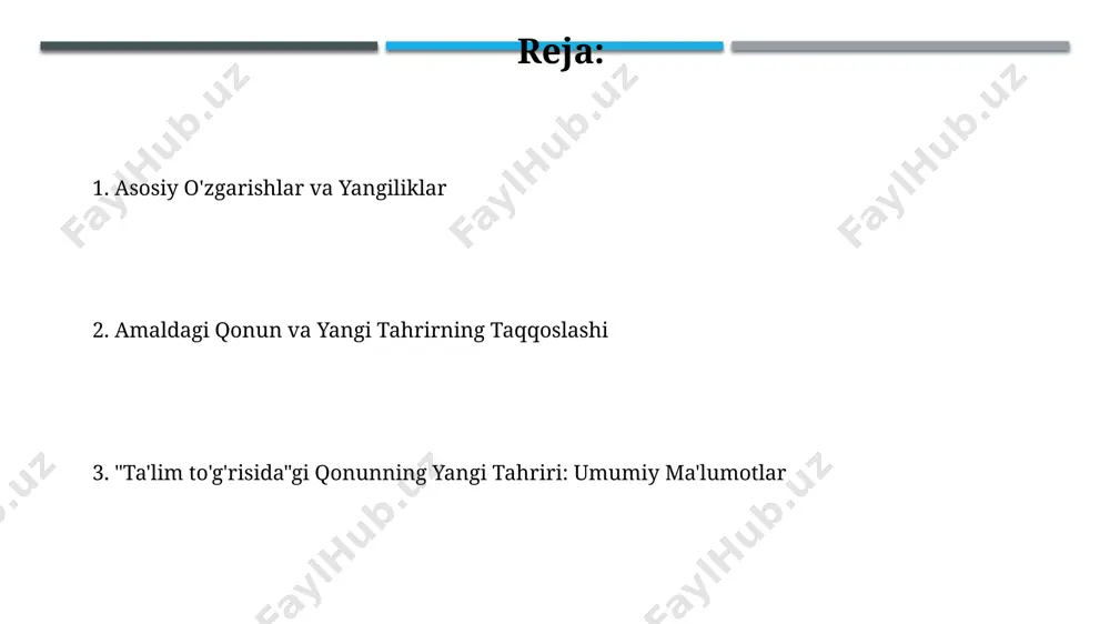 lariga qiziqishni oshirdi. ta'limning raqamlilashuvi 2020-yildan keyin 50% ga oshdi, bu onlayn platformalar va masofaviy ta'lim texnologiyalarining jadal rivojlanishi bilan bog'liq. ta'lim muassasalarining tashkil etilishi va faoliyati ta'lim muassasalarining litsenziyalanishi va akkreditatsiyadan o'tkazilish tartibi qonunda aniq belgilab qo'yilgan bo'lib, 5 yildan ortiq muddatga beriladigan litsenziyalar soni sezilarli darajada oshgan. davlat ta'lim standartlariga rioya qilishni ta'minlash maqsadida, ta'lim muassasalarining o'quv rejalarini ishlab chiqish va tasdiqlash jarayoni yanada takomillashtirilgan hamda kamida 3 ta mutaxassis tomonidan ko'rib chiqilishi shart. xalqaro hamkorlik qonun, xorijiy oliy o'quv yurtlari bilan 10 dan ziyod qo'shma ta'lim dasturlarini ishga tushirish va o'quv materiallari almashinuvi kabi xalqaro hamkorlikning yangi mexanizmlarini joriy etadi. xalqaro hamkorlik doirasida, kamida 30 ta xorijiy mutaxassisni jalb qilish orqali o'qituvchilarning malakasini oshirish bo'yicha loyihalarni moliyalashtirish uchun byudjet mablag'larining 15% ajratiladi. umumiy o'rta ta'lim umumiy o'rta ta'lim 9 yillik majburiy ta'limni o'z ichiga oladi va 1-sinfdan 9-sinfgacha bo'lgan davrni qamrab oladi, o'quvchilarning asosiy bilim va ko'nikmalarini …