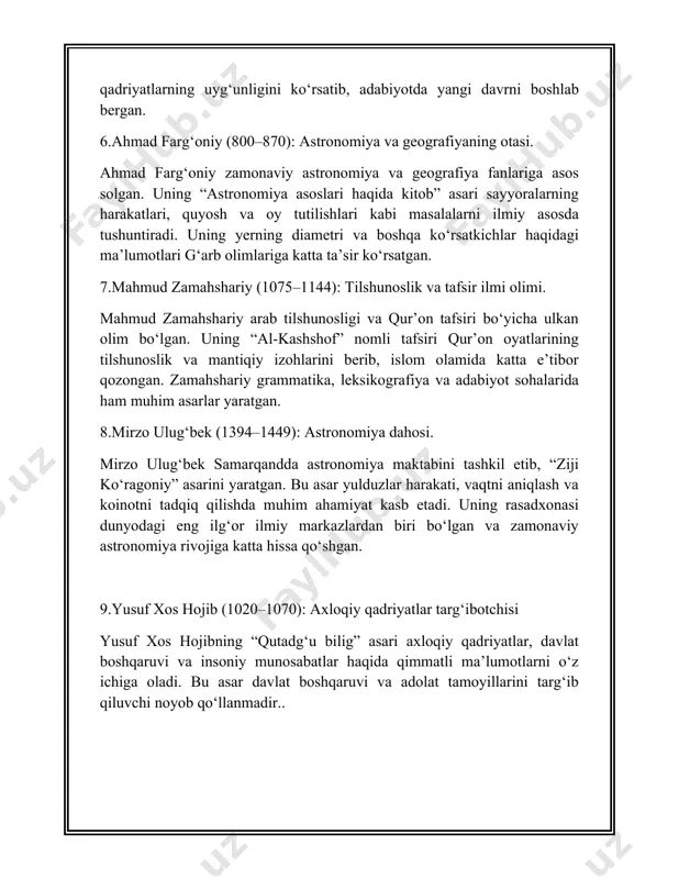 ligi ko‘rsatilgan. navoiy, shuningdek, ilmiy faoliyatda o‘ziga xos pedagogik yondashuvni ishlab chiqqan va yoshlarning tarbiyasiga ilmiy yondoshuvni ilgari surgan. 2. abu nasr farobiy va uning ilmiy merosi. farobiy — o‘z zamonining eng buyuk faylasuflaridan biri, uning ilmiy merosi yoshlarni tarbiyalashda katta ahamiyatga ega. farobiy falsafani, mantiqni, axloqni va siyosatni ilmiy jihatdan o‘rgangan. uning "ijtimoiy ma’rifat" asari jamiyatning axloqiy va siyosiy tuzilishi haqida chuqur mulohazalar yuritadi. bu asar yoshlarni nafaqat ilmiy, balki ijtimoiy jihatdan ham ma’naviyatli insonlar sifatida tarbiyalashga xizmat qiladi. - ilmiy faoliyat: farobiy ilm-fanning rivojlanishiga katta hissa qo‘shgan. uning mantiq, falsafa va matematikaga oid ilmiy ishlari yoshlar uchun katta ilhom manbaidir. - axloqiy ta’limotlar: farobiyning axloqiy g‘oyalari yoshlarni o‘zini anglashga, o‘z axloqini va ijtimoiy mas’uliyatini tushunishga undaydi. u insonning ichki olami va tashqi muhit bilan aloqasi haqidagi fikrlari orqali yoshlarni tarbiyalashda muhim ta’sir ko‘rsatgan. 3. ibn sino va uning ilmiy merosi. ibn sino (avicenna) eng mashhur olimlaridan biri bo‘lib, …