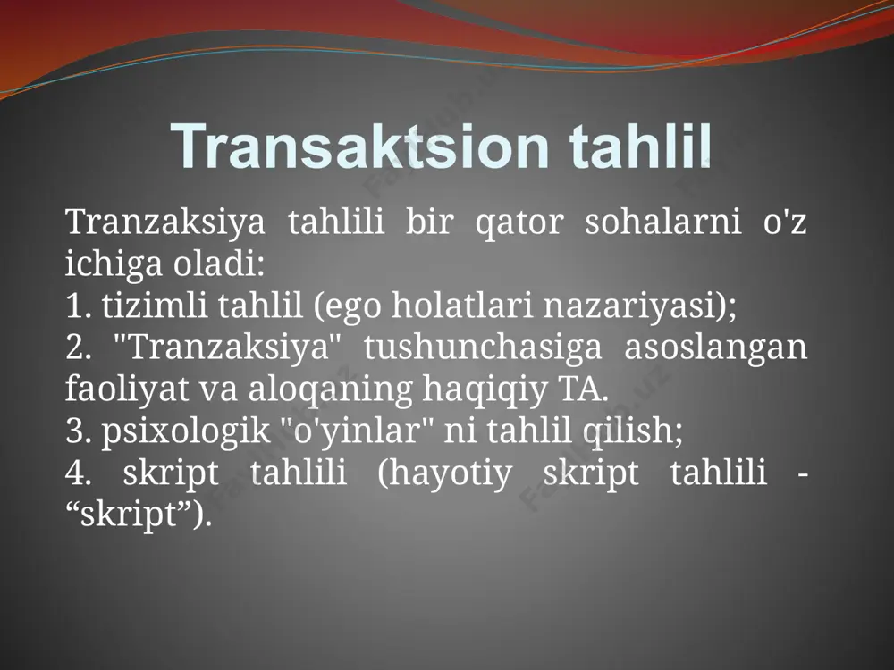 chalik uzoqlashadi va buning natijasida juda orzu qilingan yaqinlik hissi yo'qoladi. uning yo'lida tobora ko'proq psixologik, jismoniy va ijtimoiy to'siqlar paydo bo'ladi, lekin yaqinlik istagi kamaymaydi. shunday ekan, inson butun umri davomida uni vaqtinchalik o‘rinbosar bo‘luvchi ishoralar, mulohazalar, va’dalardan izlaydi”. transaksiyaviy tahlilga o'tishdan oldin, biz bernning ijtimoiy o'zaro ta'sir nazariyasiga to'xtalib o'tishimiz kerak. o'z nazariyasida bern hissiy ochlik yoki hissiy hosila g'oyasiga katta e'tibor beradi . sensorli deprivatsiya bolalarga ham, kattalarga ham ta'sir qiladi: ruhiy holat vaqtinchalik psixoz yoki boshqa ruhiy kasalliklarning rivojlanishiga qadar beqarorlashadi, biologik darajada o'zgarishlar yuz berishi mumkin (retikulyar shakllanishning etarli darajada qo'zg'almasligi asab hujayralarida qaytarilmas o'zgarishlarga olib kelishi mumkin). voyaga etganida, chaqaloqning hissiy ochligi tanib olish uchun tashnalikka aylanadi. tan olish imo-ishoralari o'zining psixologik mohiyatiga ko'ra silashga o'xshaydi. natijada, bern bu so'zni ( silash ) yaqin jismoniy aloqa uchun atama sifatida qabul qiladi va bu bilan tan olishni ifodalashga qaratilgan har qanday harakatni (so'z yoki harakat) …