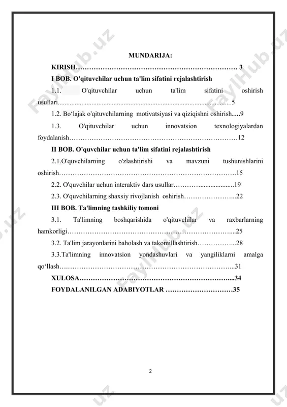 xosliklar; shuningdek u yoki bu xususiyat, qadr, yaroqlilik darajasi, ma’naviy-ahloqiy kategoriya yoki sof iqtisodiy tushuncha kabi talqin etiladi. ba’zi olim va amaliyotchilar uni ta’lim tizimining o‘zlashtirish sifatiga erishishga intilishi; boshqalar o‘qitish va tarbiyalashning sifati, uchinchilar, shaxs iqtidori rivojlanish darajasining oshishi; to‘rtinchilar, oliy ta’lim muassasalariga qabul qilingan umumiy o‘rta ta’lim va kasb-hunar kollejlari bitiruvchilari sonining ko‘payishi; beshinchilar oliy ta’lim muassasasi bitiruvchisining ijtimoiy hayotga tayyorgarligi darajasini tushunadilar. ta’lim sifati va uni ta’minlovchi omillar: ta’lim mazmunining fundamentalligi, ma’lum ehtiyojlarning qondirilishi, maqsad va natijalarning mutanosibligi, ta’lim oluvchilarning mustaqil ishlashi, ta’lim jarayoni ishtirokchilarining ijodiy faoliyati, boshqarishga kompleks yondashuv, fanlararo integratsiya va boshqalar orasidagi bog‘liqliklarni tavsiflashga nisbatan turli qarashlar mavjud. ta’lim sifati – bu nafaqat ta’lim oluvchilar bilimining davlat standartlariga mosligi, balki ta’lim muassasasining muvaffaqiyatli faoliyat ko‘rsatishi, shuningdek har bir pedagog va rahbarning ta’lim xizmatlari sifatini ta’minlashdagi faoliyati hamdir. zamonaviy ta’lim muassasasida ta’lim sifati erishilgan miqdoriy va sifat natijalarining darajasini, o‘quv-tarbiyaviy jarayonni tashkil etish va amalga …