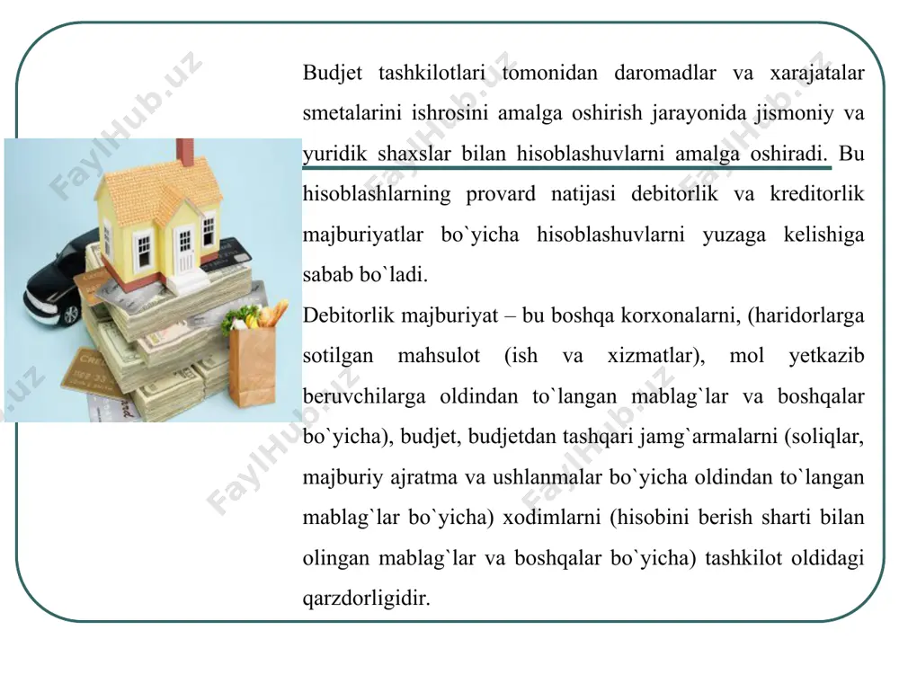 yetkazib berish bilan uning to’lovi o’rtasida doimo ma’lum bir farqlanishlar bo’lishi tabiiydir. shu sababli ham, debitorlik qarzlarining tarkibiy tuzilishini va ularning vujudga kelish muddatlarini o’rganib, tahlil qilib chiqish muhim hisoblanadi. debitorlik majburiyatlari tarkibi deganda uning yuzaga chiqish qatorlari yoki o’rni tushiniladi. korxona balansi bo’yicha uning quyidagi qatorlarini tarkiblab o’tganmiz. xaridor va buyurtmachilarga bo’lgan debitorlik majburiyatlari, xodimlar bilan hisob-kitoblar bo’yicha debitorlik majburiyatlar, ish haqidan ajratmalar yuzasidan debitorlik majburiyatlari, soliqlar va turli boshqa to’lovlar bo’yicha debitorlik majburiyatlari va h.k. tarkibida muddati shuningdek, debitorlik va kreditorlik majburiyatlari muddati o’tgan, to’lov muddati kelgan va to’lov o’tmagan majburiyatlarni a’lohida tarkiblash mumkin. kreditorlik qarzlarining umumiy hajmi, tarkibi va tashkil topish muddati bo’yicha tahlili. kreditorlik qarzlarining aylanuvchanligini tahlili. kreditorlik majburiyatlari qarshi tomonga korxonaning to’laydigan majburiyatlarini xarakterlaydi. biz yuqorida uning tarkibiga nimalar kirishini va ularning yuzaga kelish sabablarini tarkiblab o’tgan edik. kreditorlik majburiyatlarining yuzaga chiqishining asosiy sababi sifatida bevosita debitorlik majburiyatlarining vaqtida kelib tushmasligini ham tarkiblash mumkin. kreditorlik …