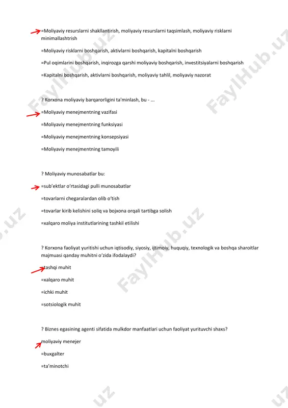 ing bosqichlari va boshqalar =mexnat unumdorligi, zamonaviy boshqaruvni tashkil etilganligi va boshqalar =biznesni yuritishning tashkiliy-huquqiy shakllari, ishlab chiqarish jarayoning uzluksizligi =xo’jalik-moliyaviy faoliyatining ko’lami yoki xajmi, ishlab chiqarish jarayonining uzluksizligi ? halqaro va milliy amaliyotda korxonalar boshqaruv tizimini tashkil qilishning qanday usullari mavjud? =ierarxik va funktsional =funktsional, gorizontal, tashkiliy =ierarxik, tashkiliy =faqat funktsional ? korporativ moliya – bu… =korporatsiyalar miqyosida pul fondlarini shakllantirish va ulardan foydalanishdagi pul munosabatlari yig‘indisi =korporatsiyalar miqyosidagi tovar moddiy zahiralar va ularni hisobdan chiqarish =korporatsiyalarning tugatilishi va qayta tashkil etilishi bilan bog’liq munosabatlar shacsim_systems© стрелка shacsim_systems© стрелка shacsim_systems© стрелка shacsim_systems© стрелка =davlatning korporatsiyalarga subsidiyalar ajratishi ? mchj ishtirokchilarining soni boʻyicha aniq chegara belgilab qoʻyilganmi? =ellik kishidan oshmasligi lozim =3 ta shaxsdan kam, 50 ta shaxsdan koʻp boʻlishi mumkin emas =50 ta shaxsdan kam boʻlishi mumkin emas =alohida talab belgilanmagan ? moliyaviy menejmentning qanday ta’minot tizimlari mavjud? =tashkiliy, huquqiy, uslubiy, informatsion, texnik, dasturiy, taxliliy va bashorat =uslubiy, informatsion, …
