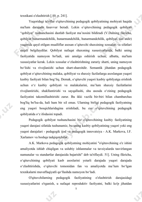 ta'kidlash uchun asos bo'ladi. zero, o‘qituvchining faoliyati mohiyatan ijodiydir, chunki u o‘qituvchidan pedagogikaning umumiy nazariy qoidalarini tushunish va vaziyatga qarab amaliyotda qo‘llashni talab qiladi. pedagogik qobilyatning mohiyatini pedagogik faoliyatning mukammalligi nuqtai nazaridan aniqlash i. f. xarlamov tomonidan berilgan. “pedagogik qobilyat, ijodkorlik va innovatsiya to’g’risida” nomli maqolasida u o’qituvchining shaxsiy fazilatlari orqali emas, balki uning pedagogik faoliyati orqali qobilyatning mohiyatini ochish kerak, degan fikrni bildiradi. muallif pedagogik qobilyatni bir butun sifatida o‘qituvchining kasbiy-pedagogik malakasini oshirish tizimida hisobga olish kerakligini ta’kidlaydi. shu bilan birga shuni ham hisobga olish kerakki, o‘qituvchi qobilyatni darrov o‘zlashtirmaydi. muayyan vaqt davomida u pedagogik qobilyat darajasida ishlaydi, bu uning kasbiy qobilyatining asosi, poydevori, pedagogik qobilyatini rivojlantirishdir. pedagogik qobilyat o'qituvchi o'qitadigan fanni, psixologiya, pedagogika va xususiy metodlarning standart kurslarini etarlicha chuqur bilish bilan tavsiflanadi va ularni amaliyotda mohirona qo'llashda namoyon bo'ladi, bu talabalarni o'qitish va tarbiyalashni etarli darajada malakali tarzda amalga oshirishga imkon beradi. shu nuqtai nazardan, i.f. xarlamovning …