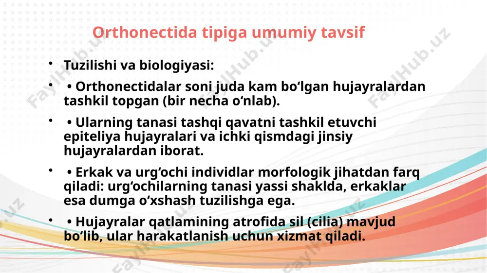 kka yaqin xatti-harakatini ko‘rsatadi. hayot sikli: 1. jinssiz bosqich (nematogen): jinssiz ko‘payish jarayonida hujayralar ichida o‘ziga o‘xshash hujayralar rivojlanadi. 2. jinsiy bosqich (rhombogen): jinsiy hujayralar rivojlanib, tuxum va sperma hosil qiladi. urug‘lanish mezbon organizm ichida sodir bo‘ladi va yangi parazitlar rivojlanadi. filogeniya va evolyutsiya: • dicyemidalar molekulyar tadqiqotlar asosida spiralia yoki lophotrochozoa guruhlariga yaqin hisoblanadi. • ularning evolyutsion oddiyligi ibtidoiy ko‘p hujayralilikning bir ko‘rinishi sifatida qaraladi. • ularning genetik va molekulyar o‘rganilishi boshqa ko‘p hujayrali organizmlar bilan bog‘liqlikni oydinlashtiradi. umumiy solishtirish: orthonectida va dicyemida xususiyat orthonectida dicyemida hujayralar soni bir necha o‘nlab 8-40 ta hujayra mezbon organizm dengiz umurtqasizlari cephalopod mollyuskalar hayot sikli jinssiz va jinsiy bosqichlari mavjud jinssiz va jinsiy bosqichlari mavjud parazitlik darajasi o‘ta zararli nisbatan kam zarar yetkazadi filogeniya spiralia bilan bog‘liq spiralia yoki lophotrochozoa bilan bog‘liq umumiy filogeniya mezozoalar filogeniyasida hali ham ko‘plab noaniqliklar mavjud. ularning tuzilishi va genetik ma’lumotlari ularning metazoa (ko‘p hujayrali hayvonlar) va …