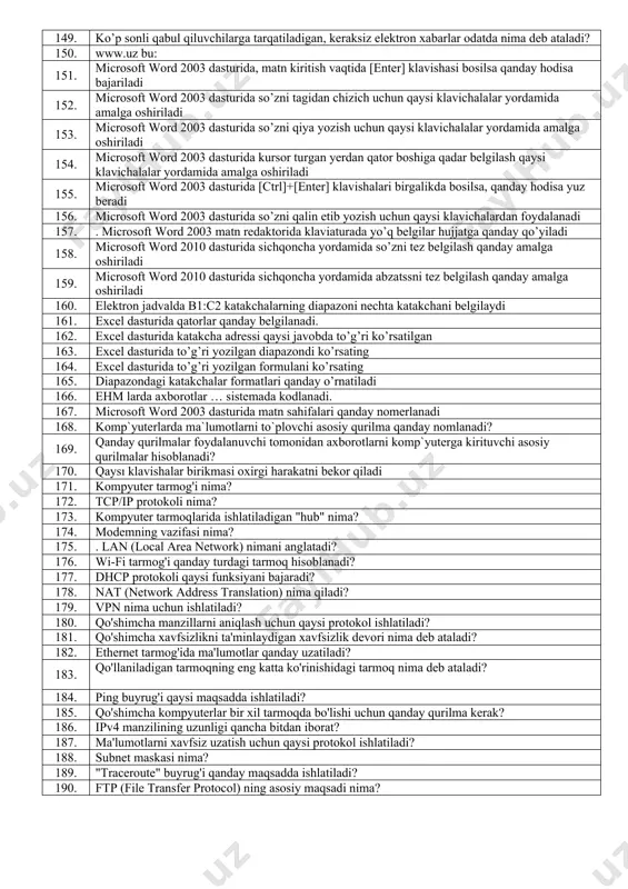 klaviaturaning qaysi tugmasidan foydalaniladi? 98. kompyuterga zarar yetkazuvchi xamda o’z-o’zidan ko’payish xususiyatiga ega bo’lgan kompyuter dasturlari ko’rinishi qanday nomlanadi? 99. kompyuter viruslari va zarar yetkazuvchi dasturlarni topish xamda zarar yetkazilgan fayllarni tiklovchi, fayl va dasturlarni profilaktika qiluvchi dastur qanday nomlanadi? 100. avp «laboratorii kasperskogo», nod 32, doctor web, mcafee dasturlari qanday dasturlar turiga kiradi? 101. diskda joyni tejash maqsadida fayllar hajmini kichraytirishga imkon beruvchi dasturlar qanday ataladi? 102. arxiv dasturlar yordamida siqilish darajasini yuqoridan quyiga tartiblang. 1. rasmli fayllar 2. matnli fayllar 3. dasturlar 103. arxivlash dasturlari bir biridan nimasi bilan farqlanadi? 104. arxiv fayl bu … 105. microsoft word – bu: 106. microsoft word dasturi yordamida yaratiladigan hujjatlar qanday nomlanadi? 107. microsoft word dasturida yangi hujjat yaratilganda, odatda avtomatik ravishda dastur tomonidan unga qanday nom beriladi? 108. microsoft word dasturi ma’lumotnomasini (spravka) chaqirish qaysi tugma orqali amalga oshiriladi? 109. microsoft word dasturida kursordan chapdagi belgilarni o’chirish uchun qaysi tugmadan …