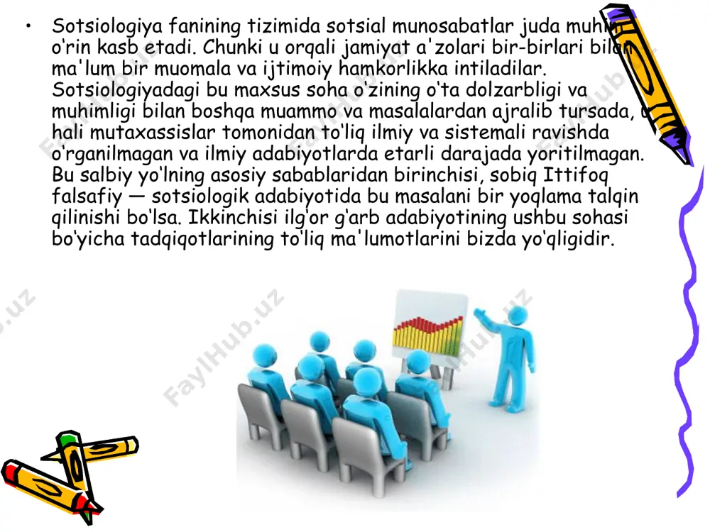 isalaridan o‘laroq bo‘lib, unda ijtimoiy munosabatlarning butun bir tizimi mujassamlashgandir. keyinchalik sotsial munosabatlarni ham keng, ham tor ma'noda talqin qilish jarayonlari takomillashib bordi. albatga yuqorida keltirilgan ta'riflar bu munosabatlarni materializm ta'limoti metodologiyasi asosida shakllangan ko‘rinishidir. sotsial munosabatlarga berilgan ta'riflar bir-birlaridan shakl jihatidan farqlansalar ham lekin mazmun jihatidan bir-birlaridan deyarli farqlari yo‘q, deb ta'kidlansa mubolag‘a bo‘lmaydi. chunki ularning asosini materialistik dialektika metodologiyasi tashkil qiladi. shuning uchun sobiq ittifoq adabiyotida sotsial munosabatlar muammosi tarixiy materializmning qonun va kategoriyalaridan kelib chiqib yoritilgan haqiqiy sotsiologik muammo sifatida sotsial munosabatlar tahlil qilinmagan. shuning uchun sotsiologiya mustaqil fan sifatida tan olinmay unga faqat sotsial muammolarni, falsafiy tadqiqotlarining xulosalarini o‘zining emperik tadqiqotlari bilan asoslash vazifalari yuklatilgan edi. demak yuqorida ko‘rsatilgan sabablar tufayli ijtimoiy jarayonlarni o‘rganish, xususan sotsial munosabatlar muammosi ham faqat falsafiy ruhda olib borilgan. sotsial munosabatlarni o‘rganishning yana bir kamchiligi shundaki muammoga faqat bir yoqlama, moddiylik, ya'ni materialistik prinsiplari asosida yondashilgan. bu yo‘nalishga qarama-qarshilik yondashuvda boshqa …