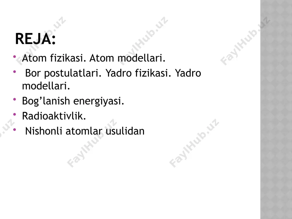 esа 6,64·10-27 kg gа tеng. маnbа tоr tirqishli qo‘rg‘оshin idishdа jоylаshtirilgаn bo‘lib, zаrrаlаr mа’lum yo‘nаlishdаginа chiqаrilаdi vа bоshqа yo‘nаlishdаgilаrini qo‘rg‘оshin dеvоrlаr yutib qоlаdi. a-zаrrаlаrning yo‘ligа pеrpеndikular qilib 1 mm qаlinlikdagi оltin qоg‘оz qo‘yilgаn. оltin qоg‘оzdаn o‘tgаn a-zаrrаlаrning yo‘nаlishi ekrаn yordаmidа qаyd qilingаn. rеzеrfоrd o‘z tаjribаsidа a-zаrrаlаrning bir qismi dаstlаbki yo‘nаlishidаn mа’lum burchаklаrgа оg‘ishini vа hаttо оltin qоg‘оzdаn qаytuvchi zаrrаlаr hаm bo‘lishini qаyd etgаn. 1913 yilda daniyalik fizik n.bor rezerfordning atom modelini takomillashtirib, atom tuzilishining kvant nazariyasini yaratdi. nils bor tajribasi yoki atom tuzilishining kvant nazariyasi bor postulotlari. 1. elektronlar atomda ixtiyoriy orbitalar bo’yicha emas, balki aniq radiusli orbitalar bo’yicha harakatlana oladi. 2. elektronlarning stasionar orbitalarda harakatlanishidan energiya chiqarish , yutish ro’y bermaydi. 3. elektronning bir stasionar orbitadan boshqasiga o’tishi aniq kvant energiyaning chiqarish yoki yutish bilan sodir bo’ladi. bu munosabat chastotalar sharti deyiladi. shunday qilib, atom chiqariladigan elektromagnit to’lqinlar chastotasi elektronlarning aylanish tezligi bilan emas, balkim atomlarning stasionar holatlari energiyalarning …