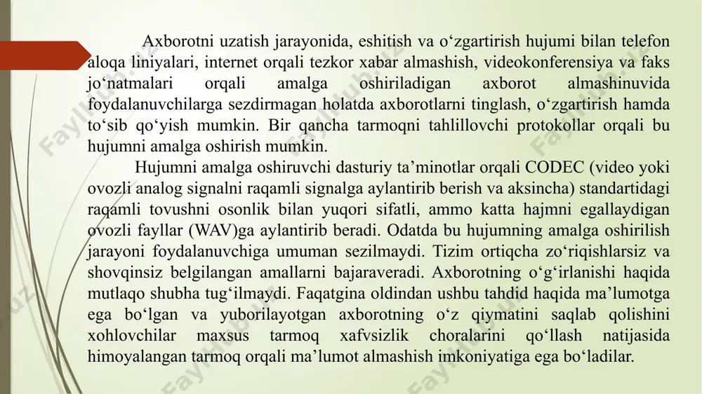 ayotgan axborotning o‘z qiymatini saqlab qolishini xohlovchilar maxsus tarmoq xafvsizlik choralarini qo‘llash natijasida himoyalangan tarmoq orqali ma’lumot almashish imkoniyatiga ega bo‘ladilar. tarmoq orqali ma’lumot almashish mobaynida yuborilayotgan axborotni eshitish va o‘zgartirishga qarshi bir necha samarali natija beruvchi texnologiyalar mavjud: ipsec (internet protocol security) protokoli; vpn (virtual private network) virtual xususiy tarmoq; ids (intrusion detection system) ruxsatsiz kirishlarni aniqlash tizimi. ipsec (internet protocol security) bu xavfsizlik protokollari hamda shifrlash algoritmlaridan foydalangan holda tarmoq orqali xavfsiz ma’lumot almashish imkonini beradi. bu maxsus standart orqali tarmoqdagi kompyuterlarning o‘zaro aloqasida dastur va ma’lumotlar hamda qurilmaviy vositalar bir-biriga mos kelishini ta’minlaydi. ipsec protokoli tarmoq orqali uzatilayotgan axborotning sirliligini, ya’ni faqatgina yubo-ruvchi va qabul qiluvchiga tushunarli bo‘lishini, axborotning sofligini hamda paketlarni autentifikatsiyalashni amalga oshiradi. zamonaviy axborot texnologiyalarni qo‘llash har bir tashkilotning rivojlanishi uchun zaruriy vosita bo‘lib qoldi, ipsec protokoli esa aynan quyidagilar uchun samarali himoyani ta’minlaydi: bosh ofis va filiallarni global tarmoq bilan bog‘laganda; uzoq masofadan …