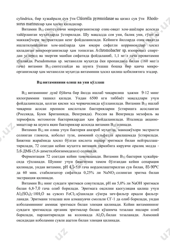 бор, буларнинг орасида бошқаларига нисбатан яхшироқ ўрганилган штамм ps.denitrificans mb-2436-мутант бўлиб, мўтадилланган муҳитда 59 мг/л гача корриноид синтез қилади. бу штаммдан витамин в12 ни саноат шароитида олиш ақшда йўлга қўйилган. корриноидларни rhodopseudo monas palustris, фототроф пурпур бактериялар rhodobacter sphericus, rh.capsulatus, rhodopspirillum rubrum, chromatium vinosum ва бир қанча бошқа турлар ҳам синтезлайдилар. бир қанча миқдорда витамин в12 ни цианобактерия anabaena cylindrica, бир ҳужайрали сув ўти chlorella pyrenoidasae ва қизил сув ўти rhodo- sorus marinusлар ҳам ҳосил қиладилар. витамин в12 синтезловчи микроорганизмлар озиқ-овқат хом-ашёлари асосида тайёрланган муҳитларда ўстирилади. шу мақсадда соя уни, балиқ уни, гўшт ва маккажўхори экстрактидан кенг фойдаланилади. кейинги йилларда озиқ-овқатда ишлатилмайдиган хом-ашёларда ҳам юқори сифатли корриноидлар ҳосил қиладиган микроорганизмлар ҳам топилган. achromobacter sp. изопропил спирт- дан углерод ва энергия манбаи сифатида фойдаланиб, 1,1 мг/л гача провитамин тўплайди. pseudomonas sp. метанолли муҳитда ёки пропандиол билан (160 мкг/л гача) витамин в12 синтезлайди ва шунга ўхшаш бошқа бир қанча микро- организмлар ҳам …