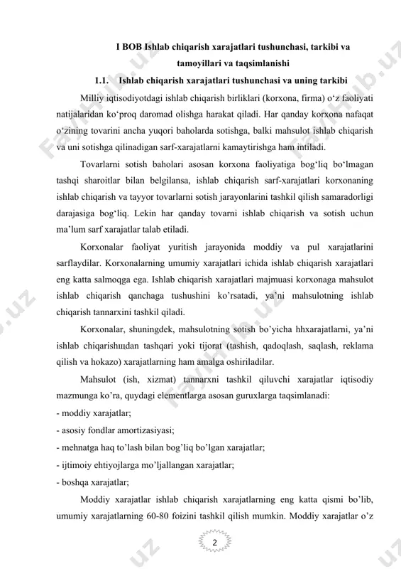 tisodiy mazmunga ko’ra, quydagi elementlarga asosan guruxlarga taqsimlanadi: - moddiy xarajatlar; - asosiy fondlar amortizasiyasi; - mehnatga haq to’lash bilan bog’liq bo’lgan xarajatlar; - ijtimoiy ehtiyojlarga mo’ljallangan xarajatlar; - boshqa xarajatlar; moddiy xarajatlar ishlab chiqarish xarajatlarning eng katta qismi bo’lib, umumiy xarajatlarning 60-80 foizini tashkil qilish mumkin. moddiy xarajatlar o’z ichiga quydagilarni qamrab oladi: - xomashyo va materiallar xarajatlari; - texnalogik maqsadlar va xo’jalik ehtiyojlari uchun sarflanuvchi yoqilg’i va energiya; - xarid qiluvchi butlovchi qisimlar va yarim tayyor mahsulotlar; - sotib olingan qadoqlash va o’rov materiallari xarajatlari; - mashina va asbob-uskunalarni ta’mirlash uchun ehtiyot qisimlar; - boshqa korxona va tashkilotlar tomonidan ko’rsatiladigan ishlab chiqarish xizmatlari; - xizmat davri bir yilgacha bo’lgan kichik qiymatli va tez eskiruvchi predmetning eskirishi yoki har bir instrument, investar, labaratoriya uskunalari va maxsus kiyim – bosh uchun eng kam oylik ish haqining 50 baravar miqdorigacha qiymati; - tabiy xomashyodan foydalanish bilan bog’liq soliq, yig’im va boshqa …