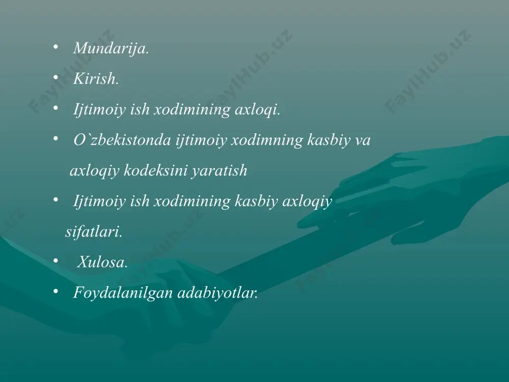 a namoyon bo’lgan: a) munosabatlar b) faoliyat axloqiy sifatlar yoki hatti-harakatlar ilk kishilik tarixi, ya`ni insoniyatning zaminga dastlabki qadamlar qo’yilishidan shakllanish bosqichiga kirgan va shu boisdan har bir xalq, elatlarda u o’ziga hos va betakrordir. xuddi shu ongning muayyan holati hisoblanmish jamoatchilik fikri ham o’zining shakllanishi manbaalarining salmog’i, real kuchga aylanish sur`ati, uyushqoqlik darajasi, xissiy-emotsional potentsiali hamda mantiqiy-intellektual asoslariga ko’ra milliy iqlimiy, mahalliy hamda regional o’ziga xosligiga egadir. ijtimoiy ish xodimining axloqi. ijtimoiy ish kasbini asosiy mezonlarida ham umumiy axloqiy tamoyillar va uning ko’rinishlari o’zining barcha yo’nalishlari bilan namoyon bo’ladi. ijtimoiy ish xodimi xodimning ma`naviy axloqiy dunyosi o’ziga xos tamoyillarni o’z ichiga qamrab oladi. chunki uning kasbiy faoliyatidan kelib chiqib, yordamga muhtoj insonlarga yordam berishda insonparvarlik, erkparvarlik, vatanparvarlik, tinchlikparvarlik tamoyillari dasturulamal bo’lib xizmat qiladi. insonparvarlik. axloqiy tamoyillarning eng qadimiy va eng muhimlaridan biri bo’lib, u insonning yuksak ijtimoiy vazifasini belgilaydigan va barqaror etadigan g’oyalar, qarashlar va e`tiqodlar majmui, shaxs erki, …