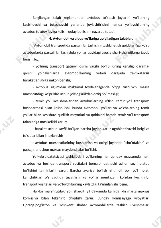 arakat tezligi xronometraj yo‘li bilan aniqlanadi, xafli yo‘l bo‘laklari aniqlanib, ular uchun xafsiz harakat tezligi belgilanadi. tekshiruv jarayonida “yangi avtobus marshrutlari ochish va ulardan foydalanishdagi harakat xavfsizligini ta’minlash talablari” nomli meyorlarga to‘la rioya qilinganligi albatta aniqlanadi. tekshiruv natijasi dalolatnoma tuzish bilan yakunlanib, ular nusxalari kerakli tashkilotlarga yuboriladi. dalolatnomaning asl nusxasi marshrut pasportida saqlanadi. agar tekshiruv jarayonida marshrutda xavfli joylar aniqlansa, ularning sxemalari tuzilib, haydavchilarga beriladi. tekshiruv oxirida komissiya ma’lum ishlarini bajarish rejasini ham tuzadi. bunday rejada buzuq yoki xavfli joylarni tuzatish uchun zarur vaqt, uni kim bajarishi aniqlanadi va tegishli hokimiyat tasdig‘iga beriladi. 5. passajir transport vositalarining marshrutdagi harakatini to‘xtatish shart-sharoitlari. avtobus va trolleybus marshurutlari tashkil etilgan avtomobil yo‘llari, shahar va tuman ko‘chalari harakat xavsizligini muntazam ta’minlashi, transport vositalaridan samarali foydalanish va haydovchilar ishi uchun zarur shart-sharoitlarga ega bo‘lishi lozim. agar yuqorida keltirilgan shartlar bajarilmasa, passajirlar tashuvchi transport vositalari harakati to‘xtatib qo‘yilishi mumkin. yo‘l va yo‘l inshoatlarining harakat xavfsizligi talablariga …