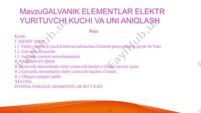 galvanik elementlar elektr yurituvchi kuchi va uni aniqlash — PPT