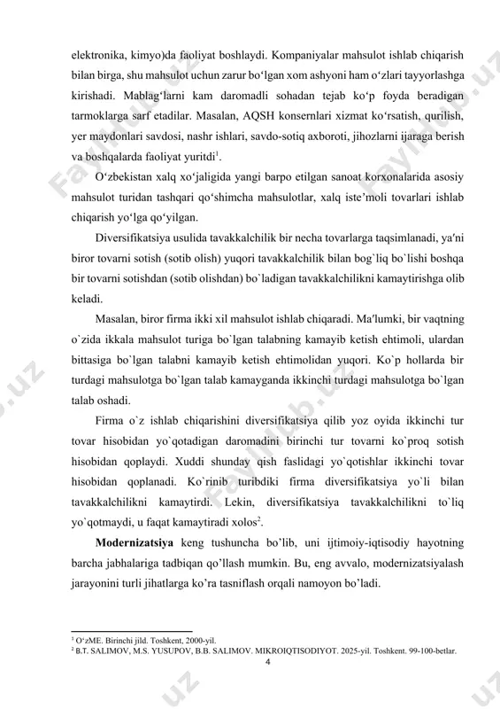 birinchi tur tovarni ko`proq sotish hisobidan qoplaydi. xuddi shunday qish faslidagi yo`qotishlar ikkinchi tovar hisobidan qoplanadi. ko`rinib turibdiki firma diversifikatsiya yo`li bilan tavakkalchilikni kamaytirdi. lekin, diversifikatsiya tavakkalchilikni to`liq yo`qotmaydi, u faqat kamaytiradi xolos[footnoteref:2]. [2: b.t. sаlimov, m.s. yusupov, b.b. salimov. mikroiqtisodiyot. 2025-yil. toshkent. 99-100-betlar.] modernizatsiya keng tushuncha bo’lib, uni ijtimoiy-iqtisodiy hayotning barcha jabhalariga tadbiqan qo’llash mumkin. bu, eng avvalo, modernizatsiyalash jarayonini turli jihatlarga ko’ra tasniflash orqali namoyon bo’ladi. “modernizatsiya, modernizatsiyalash (inglizcha modern - eng yangi, zamonaviy) – biror narsani yangilash unga zamoaviy tus berish, uni zamonaviy talablarga muvofiq o’zgartirish degan ma’noni bildiradi. modernizatsiyalashda mashina, apparat, turli texnologik qurilmalar, muhim kashfiyotlar texnika taraqqiyoti talablriga muvofiq qayta ishlanadi”[footnoteref:3]. [3: o’zbekiston milliy ensiklopediyasi. davlat ilmiy nashriyoti. – toshkent. 673-b.] xususan, ular modernizatsiya tushunchasiga tor ma’nodagi yondashuv sifatida quyidagi mazmundagi ta’rifni berish mumkin: “modernizatsiya – obyektni yangilash, yaxshilash, takomillashtirish, uni yangi talablar va me’yorlarga, texnik shartlarga, sifat ko’rsatkichlariga muvofiqlashtirish. asosan, mashina, asbob-uskunalar, texnologik jarayonlar …