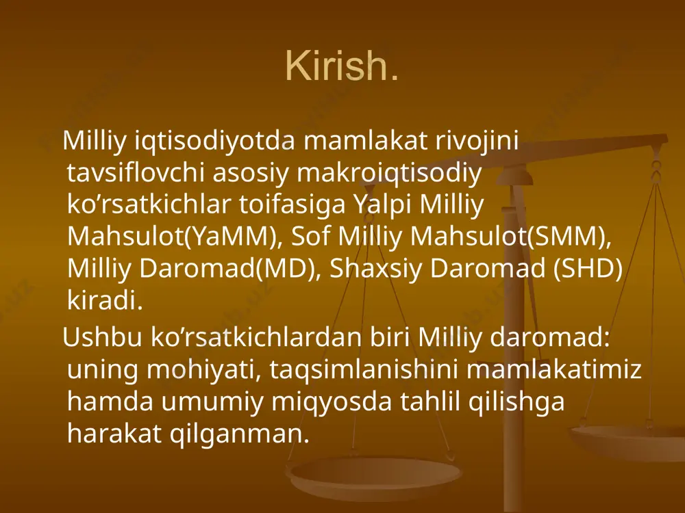 o’proq ishlab chiqarish xarid qiladilar. bu esa milliy daromadning taqsimlanishiga misol bo’ladi 3. milliy daromadning taqsimlanishi. davlat soliqlardan va transfert to’lovlaridan foydalanish yo’li bilan jamiyat milliy daromadini kambag’allar foydasiga qayta taqsimlaydi. daromadlardan olinadigan soliq stavkalarini eng yuqori chegarasini sezilarli darajada pasaytirish ishchi taklifi bilan bog’liq salbiy oqibatlarni oldini olishi mumkin. dunyo aholisining geografik taqsimlanishi va dunyo boylikgininig aholiga nisbatan mamlakatlar o’rtasida teskari taqsimoti. dunyodagi eng boy 359 ta odamning 1yillik daromadi 2,4 mlrd. o’rta hol (yer yuzi ning 40%) aholisining daromadiga teng. образец текста второй уровень третий уровень четвертый уровень пятый уровень o’zbekistonda milliy daromadni ishlab chiqarish sohasida yaratilgan sof mahsulot sifatida hisoblash bo’yicha katta tajribalar to’plangan. chunki o’tmishda o’zbekistonda ishlab chiqarilgan va foydalanilgan milliy daromad sof mahsulot sifatida hisoblangan.bu usul ishlab chiqariladigan mahsulotni hisoblash, iste’molni jamg’arishni optimallashtirish siyosatini o’tkazishga imkon beradi. 4. mamlakatimizda milliy daromadning tarkibi. mamlakatimizda milliy daromad tarkibi: tadbirkorlikdan keladigan daromad 47% agrar sektordan olinadigag daromad daromadlardan …