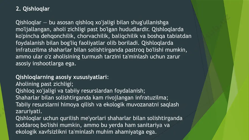 onining o'sishi ushbu materiallarni ishlab chiqarish bozorining kengayishiga va yangi ish o'rinlarining yaratishiga olib keladi. 2.3. infratuzilmaning rivojlanishi yangi qurilishlar va hududlarning rivojlanishi aholi punktlarining infratuzilmasi, masalan, elektr ta'minoti, gaz, suv va kanalizatsiya tizimlarining yaxshilanishiga olib keladi. bu nafaqat aholi uchun qulay yashash sharoitlarini yaratadi, balki iqtisodiy rivojlanishning muhim omili sifatida qaraladi. 3. aholi punktlarida qurilishning ekologik ahamiyati qurilish faoliyati ekologik jihatdan ham muhim ahamiyatga ega. to'g'ri rejalashtirilgan va amalga oshirilgan qurilish ishlari atrof-muhitga zarar etkazmasligi kerak. aholi punktlarida qurilishning ekologik ahamiyatini quyidagi jihatlar orqali ko'rish mumkin: 3.1. ekologik xavfsizlik qurilish jarayonida ekologik xavfsizlikka alohida e'tibor qaratish zarur. qurilish materiallarining ekologik xavfsizligi, atrof-muhitni ifloslantirmaslik, energiya samaradorligini oshirish va tabiiy resurslardan tejamkorlik bilan foydalanish juda muhimdir. ekologik qurilish metodlarini qo'llash, masalan, energiya samarali binolar qurish, ekologik inshootlarni loyihalash, suvlardan oqilona foydalanish kabi masalalar ekologik xavfsizlikni ta'minlashda muhim rol o'ynaydi. 3.2. yashil hududlar va rekreatsiya zonalari aholi punktlarida qurilish faqatgina turar-joylar va …