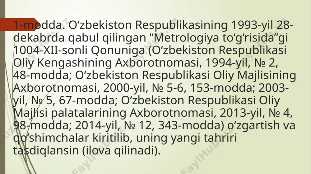 sitasi yordamida olingan kattalik qiymati va etalon bilan qayta tiklanadigan tegishli kattalik qiymati o‘rtasidagi nisbatni aniqlash orqali o‘lchash vositasining metrologik tavsiflarini aniqlash maqsadida bajariladigan operatsiyalar majmui; o‘lchash vositalarini qiyoslash — o‘lchash vositalarining belgilab qo‘yilgan metrologik talablarga muvofiqligini aniqlash va tasdiqlash maqsadida bajariladigan operatsiyalar majmui; o‘lchashlarning yagona birlikda bo‘lishi — o‘lchashlarning natijalari qonuniylashtirilgan birliklarda ifodalangan va o‘lchashlarning aniqlik ko‘rsatkichlari ma’lum ehtimollik bilan belgilangan chegaralarda joylashgan holati. 4-modda. metrologiyaga oid faoliyat sohasidagi asosiy vazifalar metrologiyaga oid faoliyat sohasidagi asosiy vazifalar quyidagilardan iborat: o‘zbekiston respublikasida o‘lchashlarning yagona birlikda bo‘lishini ta’minlash; ishonchsiz o‘lchash natijalarining oldini olish; xolis, ishonchli va solishtiriladigan o‘lchash natijalariga bo‘lgan ehtiyojlarni qondirish; o‘lchash natijalarining milliy va (yoki) xalqaro etalonlargacha metrologik kuzatiluvchanligini ta’minlash; o‘zbekiston respublikasi iqtisodiyotining rivojlanishiga va ilmiy-texnik taraqqiyotiga ko‘maklashish. e'tiboringiz uchun rahmat!