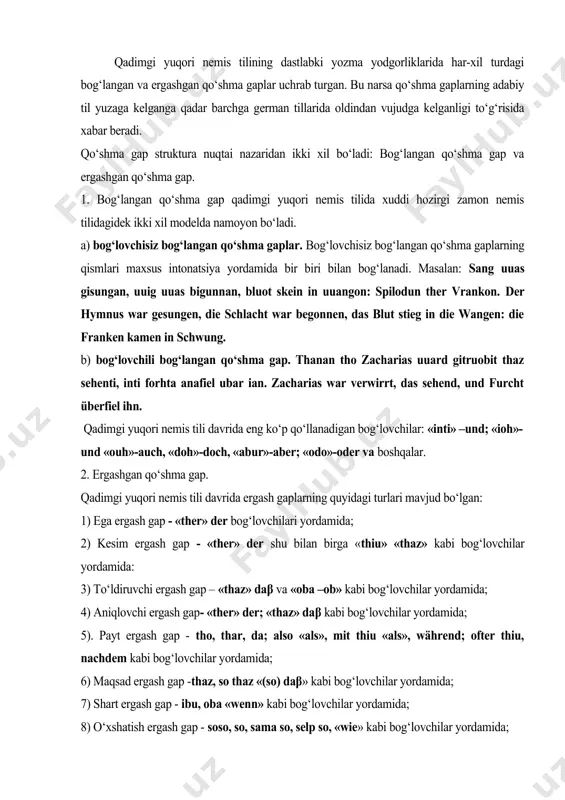 p -thaz, so thaz «(so) daβ» kabi bog‘lovchilar yordamida; 7) shart ergash gap - ibu, oba «wenn» kabi bog‘lovchilar yordamida; 8) o‘xshatish ergash gap - soso, so, sama so, selp so, «wie» kabi bog‘lovchilar yordamida; 9). to‘siqsiz ergash gap - doh «doch»; ob ouh «auch» kabi bog‘lovchilar yordamida (moskalskaya -128-139). gapda inkor belgisining ifodalanishi qadimgi yuqori nemis tilida gapda qo‘llaniladigan inkor vositasi yoki inkor belgisi asosan ni (ne) yuklamasi yordamida ifodalangan. masalan: ni uueiz ih inan. ich kenne ihn nicht. uns nist erloubit zi slahanne einigan. es ist uns nicht erlaubt. qadimgi yuqori nemis tilida hozirgi zamon nemis tiliga nisbatan inkor ma’nosi polifunktsional xarakterga ega bo’lgan, ya’ni gap tarkibida inkor ma’nosiga ega bo‘lgan ni yuklamasidan tashqari inkor ma’nosida ravish va olmoshlar ham ishlatilishi mumkin bo‘lgan: q. yu. n. thaz thu iz niomanne ni quedes. daβ du es niemandem sagst. nihein tharinne ni bileib. niemand war dort geblieben. x asrdan boshlab, …