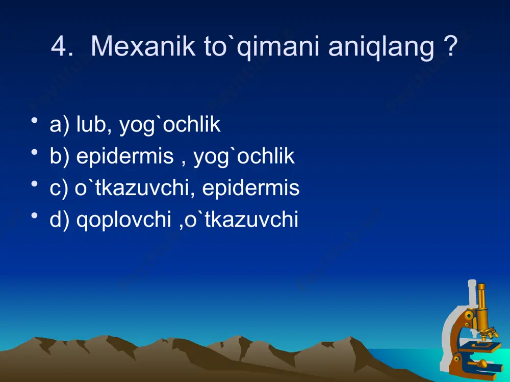 r b) mag’iz c) xloroplast d) ribasoma 49.hujayrani qaysi xususiyati nobud bo’lguncha saqlanadi? a) bo’linish b) o’sish c) otkazuvchanlik d) fotosintez 50.qaysi o`simlikda qand qattiq holda jamg’arilgan bo`ladi? a) olma b) uzum c) loviya d) lavlagi audio1.wav image1.wmf
