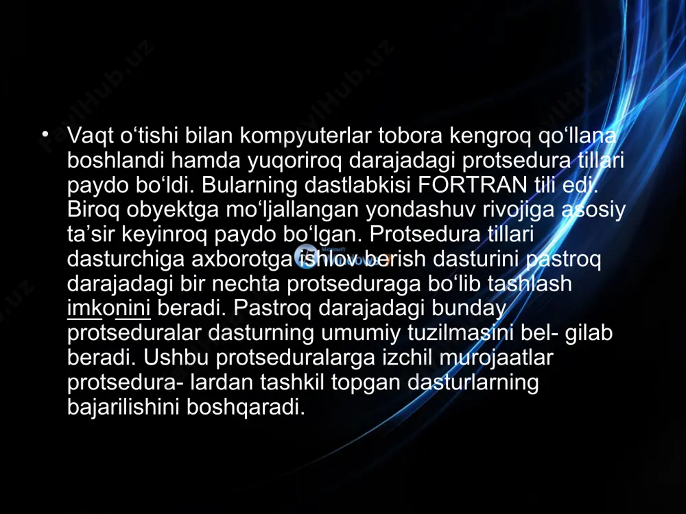 asturlarni bajarish likopdagi spagetti uyumini ajratishga o‘xshab ketar edi. va, nihoyat, shu narsa aniq bo‘ldiki, protsedurali dasturlash usullari bilan dasturlarni ishlab chiqishda diqqatni ma’lumotlarga qaratishning o‘zi muammolami keltirib chiqarar ekan. chunki ma’lumotlar va protse- dura ajralgan, ma’lumotlar inkapsulatsiyalanmagan. bu nimaga olib keladi? bu har bir protsedura ma’lumotlarni nima qilish kerakligini va ular qayerda joylashganini bilmog‘i lozim bo‘ladi. agar protsedura o‘zini yomon tutsa-yu, ma’lumotlar ustidan noto‘g‘ri amallarni bajarsa, u ma’lumotlarni buzib qo‘yishi mumkin. har bir protsedura ma’lumotlarga kirish usullarini dasturlashi lozim bo‘lganligi tufayli, ma’lumotlar taqdimotining o‘zgarishi dasturning ushbu kirish amalga oshirilayotgan barcha o‘rmlarining o‘zgarishiga olib kelar edi. shunday qilib, hatto eng kichik to‘g‘rilash ham butun dasturda qator o‘zgarish- lar sodir bo‘lishiga olib kelar edi. www.arxiv.uz www.arxiv.uz modulli dasturlashda, masalan, modula 2 kabi tilda protsedurali dasturlashda topilgan ayrim kamchiliklarni bartaraf etishga urinib ko‘rildi. modulli dasturlash dasturni bir necha tarkibiy bo‘laklarga, yoki, boshqacha qilib aytganda, modullarga bo‘lib tashlaydi. agar protsedurali dasturlash ma’lumotlar va …