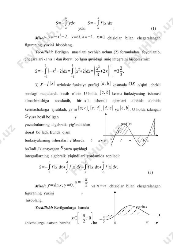 a bo`ladi. qutb radiusi (12) dan iboratdir. bunda - spiral qadami, ya`ni . (11) formulaga asosan egri chiziq va spiral qadami bilan chegaralangan figuraning yuzi quyidagi formula yoramida hisoblanadi: (13) kardioidaning yuzi - kardioda bilan chegaralangan yuzani hisoblash talaba qilinsin. ma`lumki, kardoida qutb o`qiga nisbatan simmetrik. shuning uchun uning yuqori qismi 0 2a a x yuzasini topib, natija ikkilantirilsa, yetarli bo`ladi. u holda, (14) bundan, (15) , hamda ekanligini hisobga olsak, (15) quyidagidan iborat bo`ladi: (16) demak, kardioidaning yuzi ekan. mustaqil yechish uchun mashqlar №37. va parabolalar bilan chegaralangan figuraning yuzini toping. №38. giperbola va , , to`g`ri chiziqlar bilan chegaralangan figuraning yuzini toping. №39. o`q hamda parabola bilan chegaralangan figura yuzini toping. №40. va absissalar o`qi bilan chegaralangan figura yuzni hisoblang. №41. o`q va parabola bilan chegaralangan figura yuzini toping. №42. parabola va to`g`ri chiziq bilan chegaralangan yuzani toping. №43. egri chiziq va to`g`ri chiziqlar bilan chegaralangan yuzani hisoblang. …
