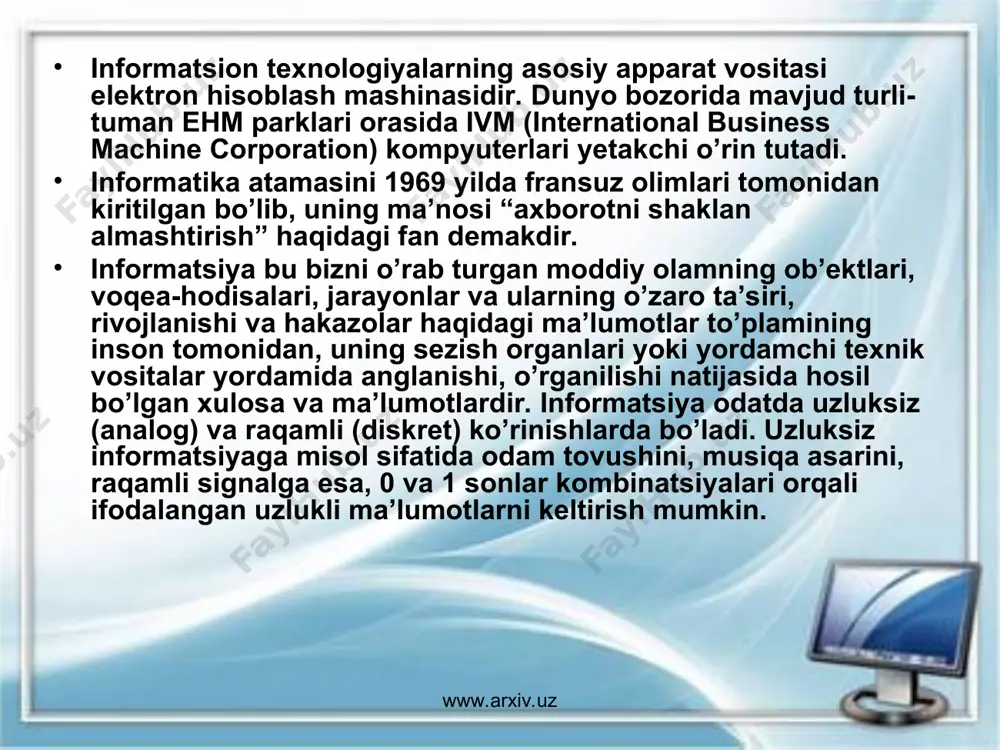 tarixi esa, yuqorida aytib o’tilganidek, paskal mashinasidan boshlanadi. blez paskalning otasi eten paskal moliya ishlariga bog’liq turli vazifalarda xizmat qilar edi va tabiiyki hisob-kitob uning ko’p vaqtini olardi. yosh paskal otasining mehnatini yengillashtirishga urindi va hisoblash mashinasini yaratishga muvaffaq bo’ldi. paskal soat mexanizmini hisoblash mashinasiga aylantiradi. o’rtadagi tafovut shunda ediki, qo’zg’almas siferblat qo’zg’aluvchan, harakatlanuvchi soat mili esa, aksincha qo’zg’almaydigan bo’ldi. www.arxiv.uz www.arxiv.uz www.arxiv.uz www.arxiv.uz siferblat dastlab hisob diskiga, keyinroq esa, hisob g’ildiragiga aylandi. paskalniing mashinasi bo’yi 30-40 sm eni 15 sm balandligi 10 sm bo’lgan jez qutichadan iborat edi. paskalning mashinasi nemis matematigi, mexanigi va faylasufi gotfrid leybnitsni ham ixtirochilikka undadi. ammo u faqat qo’shish va ayirishning o’zinigina emas, balki to’rtta arifmetik amalni bajara oladigan mashina yaratishni istardi. leybnits 1673 yili shunday mashinani yaratdi (leybnits hisoblash mashinasi) va uni parij akademiyasiga taqdim qildi. leybnitsning hisoblash mashinalaridan biri hozir gannover shahri muzeyida saqlanmoqda. www.arxiv.uz www.arxiv.uz mexanik hisoblash mashinalarining yaratilishida rus olimlari …