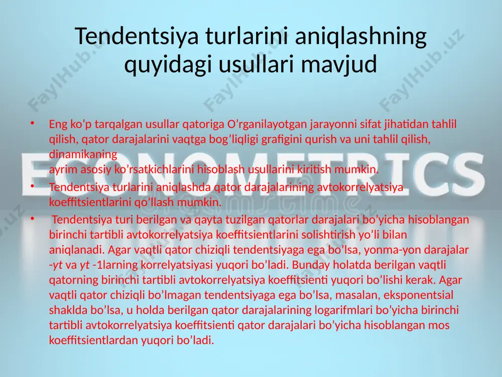 h; 3. qator tenglamasidan mavsumiy komponentalarni chiqarib tashlash va additiv modelda (t+e) yoki multiplikativ modelda (t·e) tekslangan qiymatlarni topish; 4. (t+e) yoki (t·e) darajalarni analitik tekslash va hosil bo’lgan trend tenglamasini qo’llab t ning qiymatlarini hisoblash; 5. hosil bo’lgan modelda (t+e) yoki (t·e)ning qiymatlarini hisoblash; 6. mutloq va/yoki nisbiy hatoliklarni hisoblash. esty e’tiboringiz uchun raxmat!!! image1.jpg /docprops/thumbnail.jpeg