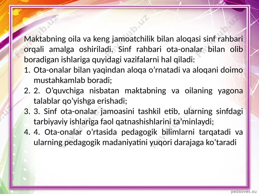 arni berish va bu masalalarga tibbiyot xodimlari, obro’li xotin - qizlarni, ota-onalarni jalb qilib, "yosh onalar va otalar o’quv muassasasilari" faoliyatini yo’lga qo’yish muhim ahamiyat kasb etadi. ikkinchi bosqich. farzandning o’quv muassasasigacha bo’lgan davridagi jismoniy, aqliy va ma’naviy rivojlanishini ta’minlash borasida ularga rasm chizish, voqealarni bayon qilish, o’ziga o’zi xizmat qilish, harf tanish, qo’shiq, aytish va raqs tushish, turli o’yinlarda ongli qatnashish tushunchalarini singdirish va mustaqil ravishda bilim olish ko’nikmalarini shakllantirish yuzasidan o’quv muassasasiga tayyorlash sinflari, "yakshanbalik o’quv maskanlar" ishini tashkil qilish. xulosa. mamlakatimizda keyingi yillarda qabul qilingan ta’lim va tarbiya to’g’risidagi qator me’yoriy hujjatlar, jumladan o’zbekiston respublikasining "ta’lim to’g’risida"gi qonuni, "kadrlar tayyorlash milliy dasturi" bozor iqtisodiyoti sharoitlarida muvaffaqiyatli ishlay oladigan, mustaqil fikrlovchi kadrlarni tayyorlashda oila, mahalla va o’quv bilim yurti nufuzini yanada yuqori pog’onaga ko’tarishni taqzo etadi. oila boshqa tarbiyaviy muassasalardan farqli pavishda odamning butun hayoti davomida uning barcha tomonlariga, qirralariga ta’sir ko’rsatishga qodirdir va odatda ta’sir ko’rsatadi. oila …