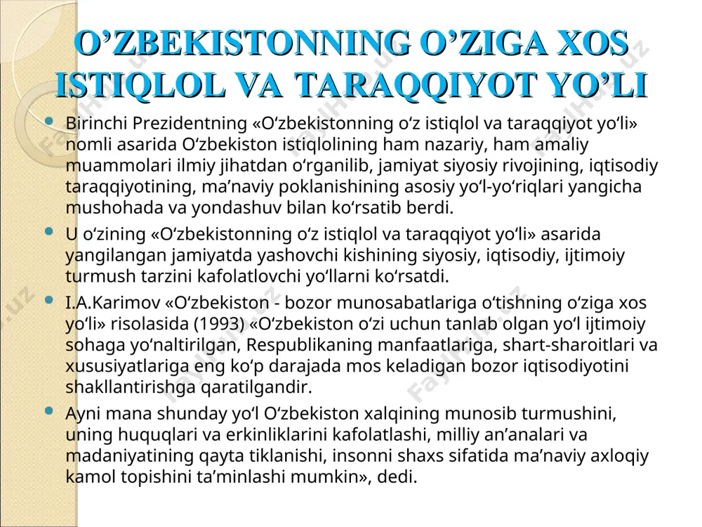 rini keng ozib turgan xumo qushi tasvirlangan. bu baxt-saodat va erksevarlik ramzidir. qadim-qadim zamonlardan buyon xumo qushi o’zbek xalqi orasida odamlarni baxt-saodatga etaklovchi kuch ramzi sifatida e’zozlab kelingan. o`zbekiston respublikasi madhiyasi o’zbekiston respublikasining davlat madhiyasi o’n ikkinchi chaqiriq o’zbekiston respublikasi oliy kengashining xi sessiyasida 1992 - yil 10 dekabrda qabul qilindi. davlat madhiyasining matni o’zbekiston xalq shoyiri abdulla oripov, musiqasi o’zbekiston xalq bastakori mutal burhonov tomonidan tayorlangan. o’zbekiston tarixi foydalanilgan adabiyotlar * mirziyoyev sh.m. buyuk kelajagimizni mard va olijanob xalqimiz bilan birga quraylik. t.,o‘zbekiston, 2017. 488 bet. karimov i. tarixiy xotirasiz kelajak yo`q. toshkent, 1998 eshov b. , odilov а. o’zbekiston tarixi. 1-jild, darslir,-т.: yangi asr avlodi. 2014. usmonov q. o’zbekiston tarixi. т. 2015. shirinova f., ziyaeva d. o’zbekiston tarixi. o’quv qullanma. i qism т. 2015. shirinova f., ziyaeva d. o’zbekiston tarixi. o’quv qullanma. ii qism т. 2015. oblomurodov n.x va boshqalar. o’zbekiston tarixi. o’quv qo’llanma. t. 2011. e`tiboringiz uchun …