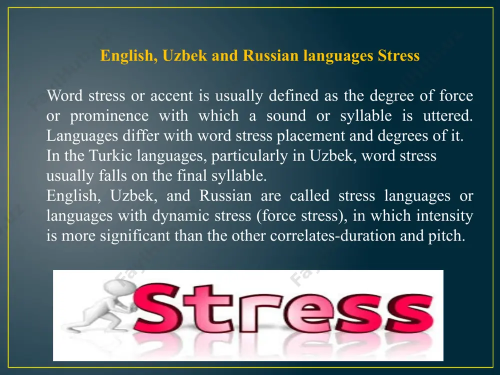 in different forms of a word: нача́ть, на́чал, начала́, на́чали) features. in all compared languages have two equal stresses: `mid`night, `black`board, `home`sick etc., in uzbek: те`мир`йўл, боғ`ишам`ол etc., in russian: кля́твопреступле́ние, о́колозе́мный, ви́це-президе́нтetc. stress is one of the ways of word building in these compared languages: eng.: `present (noun) – pre`sent (verb), `expert (noun) – ex`pert (verb). uzb.: `олма (noun) – ол`ма (verb), `сузма (noun) – суз`ма (verb). rus.: заброни́ровать (место в гостинице)– забронирова́ть (орудие),сме́лый (adj.) - смела́ (noun). english, uzbek and russian languages intonation in linguistics, intonation is the variation of pitch. intonation and stress are two main elements of linguistic prosody. intonation is a part of supra segmental phonology. intonation helps to recognize the language that you hear in the same way as the melody of a song helps to recognize the song that you hear. that is why “intonation” is the melody or music of a language. …