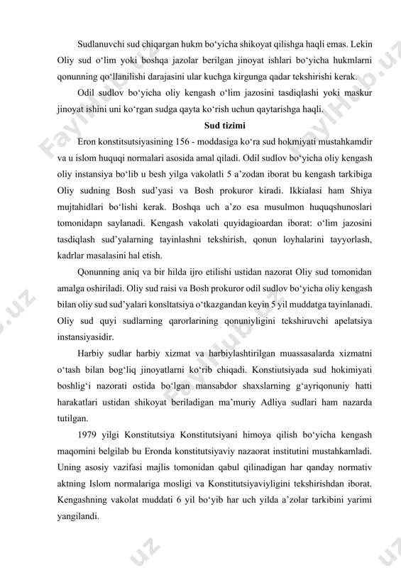 ha kengash maqomini belgilab bu eronda konstitutsiyaviy nazaorat institutini mustahkamladi. uning asosiy vazifasi majlis tomonidan qabul qilinadigan har qanday normativ aktning islom normalariga mosligi va konstitutsiyaviyligini tekshirishdan iborat. kengashning vakolat muddati 6 yil bo‘yib har uch yilda a’zolar tarkibini yarimi yangilandi. moliyaviy iqtisodiy nazoratning maxsus organi moliya sudlari hisoblanadi. by sud majlisda tug‘ridan – tug‘ri bo‘ysunadi. hindiston huquqiy tizimi hindiston 1947 yil avgustda mustaqillikka erishdi hamda 1950 yil respublika deb e’lon qilindi. hindiston fedrativ respublika bo‘lib 25 ta subyektga ega. hokimiyat organi tizimi. oliy qonunchilik organi - prezident va ikki palata: radjeya sabha shtatlar kengashi (250 o‘rin) va loksabha halq palatasi (545 o‘rin) dan iborat parlament. halq quyi palata fedradsiyaning manfaatlarini butunligi, shtatlar kengashi (yuqori palata) fedratsiya subyektlari manfaatlarini himoya qiladi. shtatlar kengashiga saylovlar egri 238 a’zosi qonunchilik organlari a’zolarining proporsional saylov tizimi bo‘yicha 6 yilga saylanadi, 3/1 qismi har ikki yilda almashtirilib turiladi. davlat boshlig‘i prezident bo‘lib, shtatlar legislaturalarning …