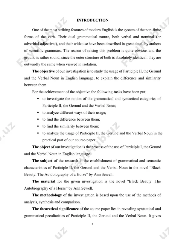 i contains the analysis of the usage of participle ii, the gerund and the verbal noun in literary english done upon the basis of the novel "black beauty. the autobiography of a horse” by ann sewell. conclusions generalize the results of the investigation. list of literature used in the research work. chapter i. the grammatical and semantic characteristics of participle ii, the gerund and the verbal noun 1.1. the usage and functions of participle ii according to i.o. alekseeva participle ii is a non-finite form of the verb which combines the properties of the verb with those of the adjective and the verb. it denotes a quality resulting from an action. the form of participle i ends in the suffix -ing and distinguishing the same grammatical categories of relative tense and voice. the term “present participle” is used sometimes with the reference to participle ii, though the attribute “present” is …