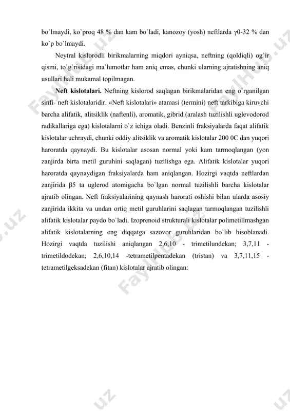 i xuddi o`sha fraksiyalardagi alifatik uglevodorodlarning tuzilishi bilan chambarchas bog`liq bo`lib, va o`xshash qonunlar bilan o`zgaradi. alitsiklik kislotalar naften asosli neftlar uchun ayniqsa xosdir. ularning miqdori turli neftlarda 0,0γ dan γ,0 % gacha o`zgaradi. naften kislotalar 1874 yilda kerosinli fraksiyalarning ishqor bilan tozalanganda eyxler tomonidan aniqlangan. uzoq vaqt davomida «naften kislotalar» atamasi «neft kislotalari» atamasiga tenglashtirilar edi. buni ma`lum darajada quyidagicha tushuntirish mumkin: ilgari neftni uncha chuqur bo`lmagan joylardan qazib olar edilar va ular asosan naften asosli yosh neftlar bo`lib, bu neftlar tarkibidagi naften kislotalarning ulushi neftdagi bo`lgan barcha kislotalarning umumiy miqdoridan 90-95% ni tashkil qilar edi. neftlarda molekulasida 1-dan 5-gacha polimetilen halqalarni saqlagan naften kislotalar aniqlangan. mono va bitsiklonaften kislotalar asosan siklopentan va siklogeksan halqalaridan tuzilgan. karboksil guruhi bevosita halqaning uglerod atomida joylashgan yoki undan bir yoki bir nechta metilen guruhlari bilan ajratilgan bo`lishi mumkin. polimetilen halqasi bittadan o`rtacha metil o`rinbosarlariga ega bo`lishi mumkin, bunda ko`p hollarda halqaning bitta …
