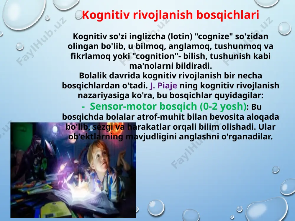 o'rganadilar, mashqlar va muammolarni yechishda yangicha yondashuvlarni qo'llay boshlaydilar. bu, masalan, matematik masalalar, shakllar va diagrammalar bilan ishlashda o'zini namoyon qiladi. shunday qilib, bolalik davrida kognitiv jarayonlarning shakllanishi kompleks, bosqichma-bosqich amalga oshadi. har bir bosqichda bolalar yangi bilim va ko'nikmalarni o'zlashtirib, dunyo haqidagi tushunchalarini kengaytiradilar. e’tiboringiz uchun rahmat 12 image3.png image4.jpeg image5.png image6.jpeg image7.jpeg image8.png image9.jpeg image10.jpeg image11.jpeg image12.jpeg image13.png image14.png image15.jpeg image16.jpeg image17.png image1.png /docprops/thumbnail.jpeg