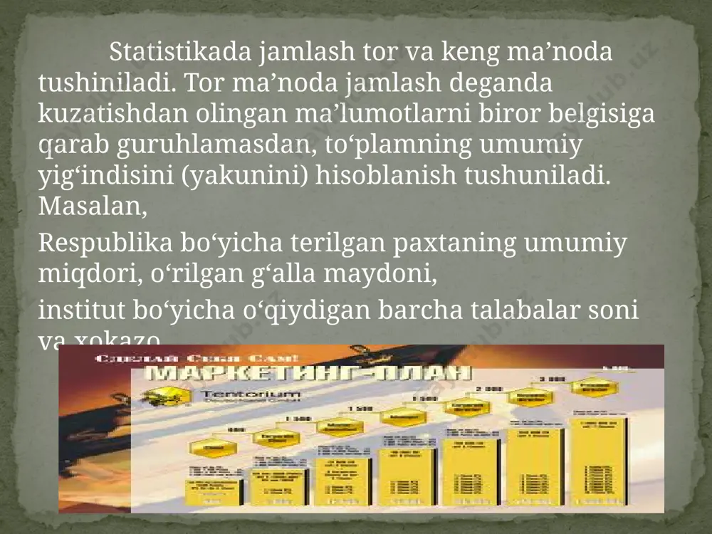 iyotda statistik jadvallar keng qo‘llaniladi. statistik svodkalash va guruhlash natijalari statistik jadvallarda aks ettiriladi. barcha jadvallar ham statistik jadval bo‘­la olmaydi. ijtimoiy hayotda sodir bo‘ladigan hodisalar to‘g‘ri­si­da ma’lumotlarni aniq, ravshan aks ettiruvchi samarali usul sta­tis­tik jadval deb ataladi. statistik jadvallar logorifmlik, ko‘paytirish (karra) va boshqa jadvallardan tubdan farq qiladi. statistik jadvallarda birinchidan, haqiqiy ma’lumotlarni hisoblangan natijalari aks ettiriladi; ikkin­chidan, statistik to‘plam ma’lumotlarini jamlash va qayta ishlash natijasida paydo bo‘ladi; uchinchidan, ijtimoiy hayotda sodir bo‘­­ladigan hodisalarni tahlil qilish vositasi hisoblanadi. e’tiboringiz uchun rahmat. image3.jpeg image4.jpeg image5.png /docprops/thumbnail.jpeg