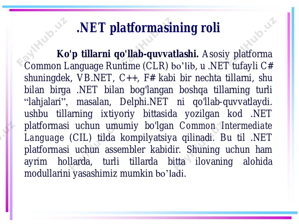 am kerak emas. keyinchalik keraksizlarini o'chirib tashlash mumkin, shu bilan birga, kerakli kutubxonalarni qo'shish kerak bo'lsa, u ushbu tugunga qo'shiladi. visual studio da ishlash keyin program.cs. faylida dasturining kodi keladi. aynan shu fayl markaziy oynada ochilgan. endi program.cs fayl kodi nima ekanligini ko'rib chiqaylik: using system; // dasturga qo’shiladigan nomlar fazosi(import) namespace helloapp // yangi nomlar fazosini e’lon qilish { class program // yangi sinf e’loni { static void main(string[] args) // объявление нового метода { console.writeline("hello world!"); // metodning tanasi } // yangi metod e’lonining tugashi } // yangi sinf e’lonining tugashi } // yangi nomlar fazosini e’lonning tugashi