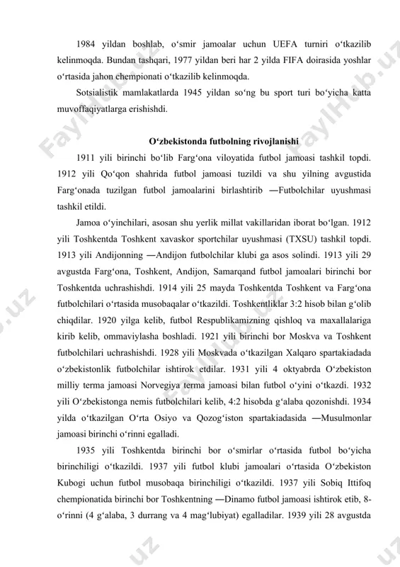 lar bilan) ―paxtakor futbol jamoasi sobiq ittifoq oliy ligasida ishtirok etdi. 1965 yili chempionat yakuniga koʻra paxtakorchilar ―vechernaya moskva gazetasi sovrini bilan taqdirlandilar. sobiq ittifoq chempionati ishtiroki yillarida ―paxtakor futbol jamoasi ―gʻalaba ortidan ozodlikka (1971 y.), ―momaqaldiroq nufuzi (1978 y.) va ―yaxshi niyat oʻyinlari (1983 y.) sovriniga ega boʻlishgan. 1964 yili ―paxtakor futbol jamoasi ―pirasikaba (braziliya) futbol jamoasi bilan oʻyinlari oʻtkazildi. 1979 yili ―paxtakor futbol jamoasi aviahalokatga uchradi, unda 17 nafar iqtidorli oʻyinchi halok boʻlishgan. 1980 yili ―paxtakor futbol jamoasi yangi tarkib bilan sobiq ittifoq oliy liga chempionatida qatnashdi. 1992 yili oʻzbekiston respublikasi chempionatini 17 jamoa oliy ligada va 18 ta jamoa birinchi ligada va 42 ta jamoa ikkinchi ligada toʻp surish bilan boshlab berdilar. 1994 yili 7 iyunda oʻzbekiston futbol federatsiyasi (uff) tashkil etildi va shu yili oʻzbekiston futbol federatsiyasi fifa va ofk tashkilotiga a`zo boʻldi. 1994 yili dekabrda oʻzbekiston futbol federatsiyasi (uff) osiyo futbol federatsiyasiga a`zo boʻldi. 1994 …