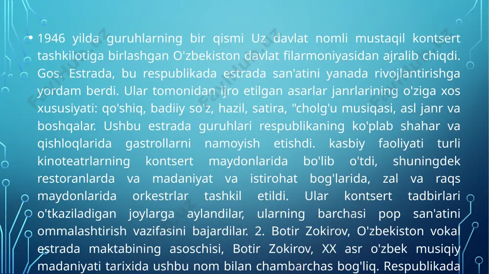 af), galina zokirova, tatyana vlasova, natalya voryu xina, zulayxo rahmatullayeva, narzul galieva, munira argunbaeva singari rassomlardan tashkil topgan balet truppasi; doyist- odil kamol-xo'jaev; o‘zbekiston xalq artisti, xoreograf tamara yusupova. musiqiy dastur ikki qismdan iborat edi - "sharq bozori" yoki "sharq ertagi" va "toshkent to'yi". spektakl shovqinli, motli sharqona bozorning manzarali surati bilan ochildi. doiraning tantanali chaqiriqlari fonida jodugarlar, torboplar va kuchli odamlarning chiqishlari bilan parad tantanalari bo'lib o'tdi. "sharq bozori" xalq tomonidan sevimli "askiya" og'zaki satirik shakliga asoslangan. milliy xoreografiya elementlariga asoslangan uchuvchilar yorqin, stilize qilingan pop qo'shiqlari va zamonaviylik ruhidagi satirik qo'shiqlar bilan birgalikda yagona musiqiy kompozitsiyani yaratdilar. musiqiy spektakllarni talqin qilishning o'ziga xosligi shundaki, haqiqiy mehmonlar "to'y ziyofatida mehmonlarning chiqishlari" sahnasida ishtirok etishdi; qo'shiqchilar va estrada guruhlari "tomondan". bir vaqtning o'zida musiqiy zalda vladimir vysotskiy, irina ponarovskaya, "qo'shiqchi gitarlar", "yalla", "navo" guruhlari, severpa osetiyaning "alan" ansambli va gastrol o'tkaziladigan mintaqalarning taniqli guruhlari va san'atkorlari toshkent musiqa zalida chiqish …