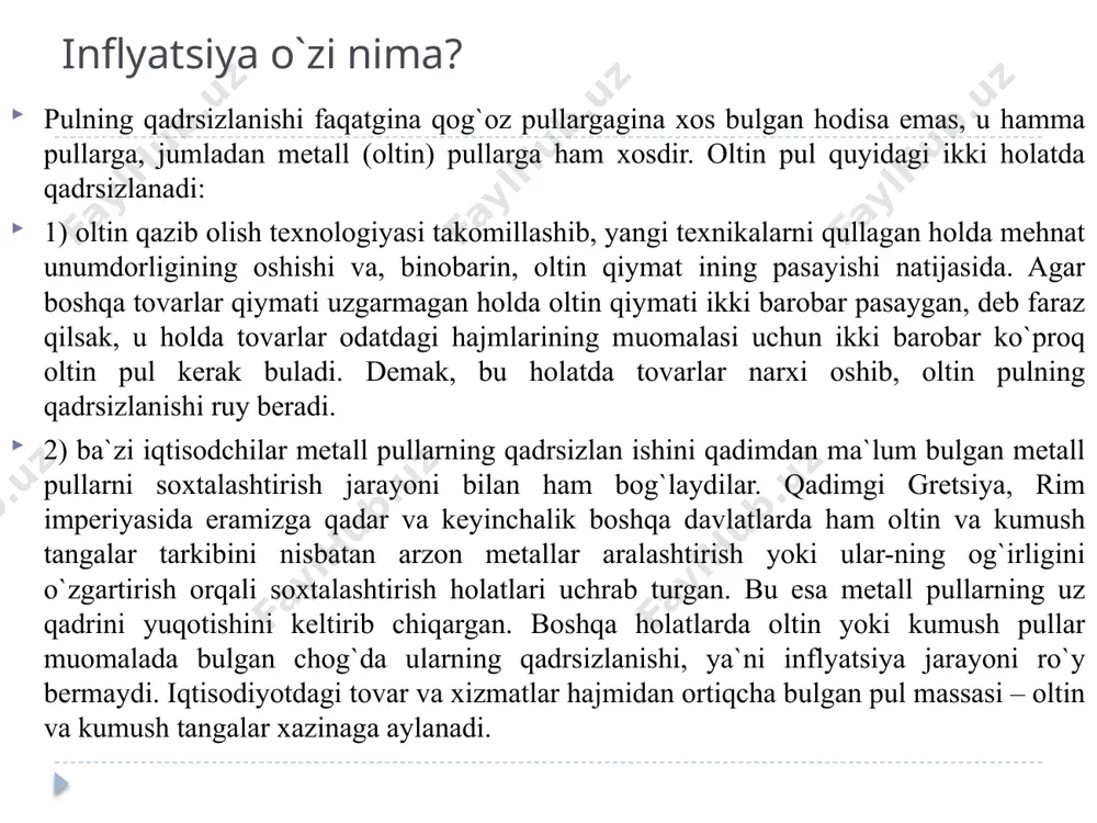 bozorida real xarid qobiliyatiga mos ravishda stixiyali tarzda milliy valuta kurslarining tenglashishi yuz bermoqda. real valuta kursi ikki mamlakat narxlari darajasi nisbatiga ko‘paytirilgan nominal kurs sifatida aniqlanadi. inflyatison risk boshqa risk turlаri bilan chambarchas bog`liqligi inflyatsya riski iste’mol narxlarini o`sishi va xarid qilib olish qobilyatining passayishi natijasida investitsiya daromadliligini kamaytiradi. inflyatsion risklar ko’zda tutilmagan moliyaviy yuqotishlar paydo bo’lish ehtimoli bilan harakterlanganligi uchun, uning darajasini baholashda investitsiyalashdan ko’zda tutilayotgan daromadning o’rtacha yoki hisob miqdoridan chetlanishi aniqlanadi. shuning uchun investitsion risklarni baholash ko’zda tutilayotgan daromadlar va ularni yuqotish ehtimolini baholash bilan bog’liq. inflyatsya riskilarini investitsiya faoliyatida moliyaviy yuqotishlarni baholash jarayonida ularning absolyut va nisbiy ko’rsatgichlaridan foydalaniladi. inflyatison risk boshqa risk turalri bilan chambarchas bog`liqligi inflyatison risk boshqa risk turalri bilan chambarchas bog`liqligi tijorat banklari o`z ixtiyorlarida bulgan aktivlari hisobiga yangi pullarni hosil qilishlari, ya`ni ularni bank krediti sifatida mijozlariga berishlari mumkin. to`g`ri, ularning bu faoliyatlari markaziy bank tomonidan o`rnatiluvchi majburiy zahira me`yorlari …